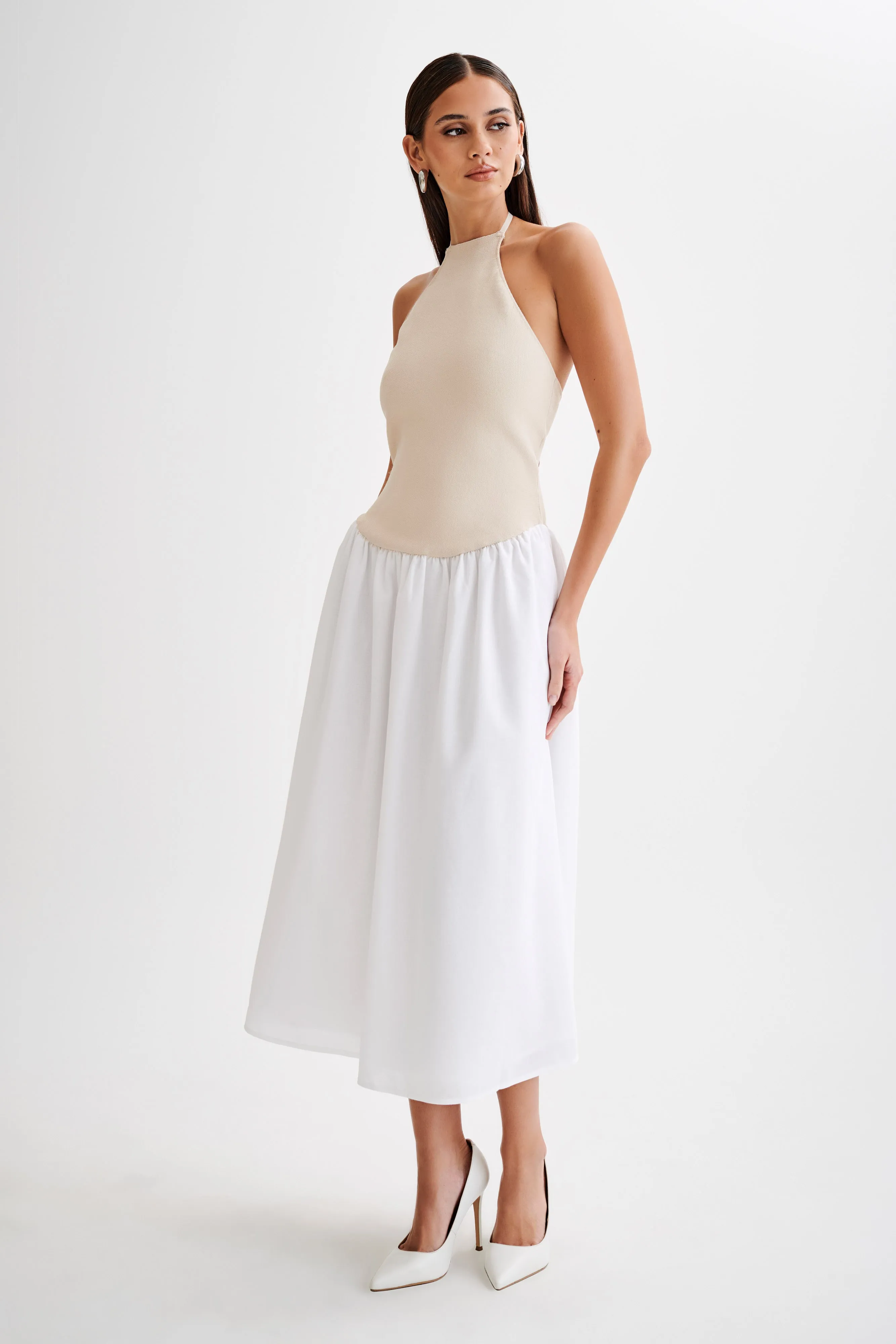 Katie Knit And Linen Midi Dress - Natural/White Pure Vibes V-Neck