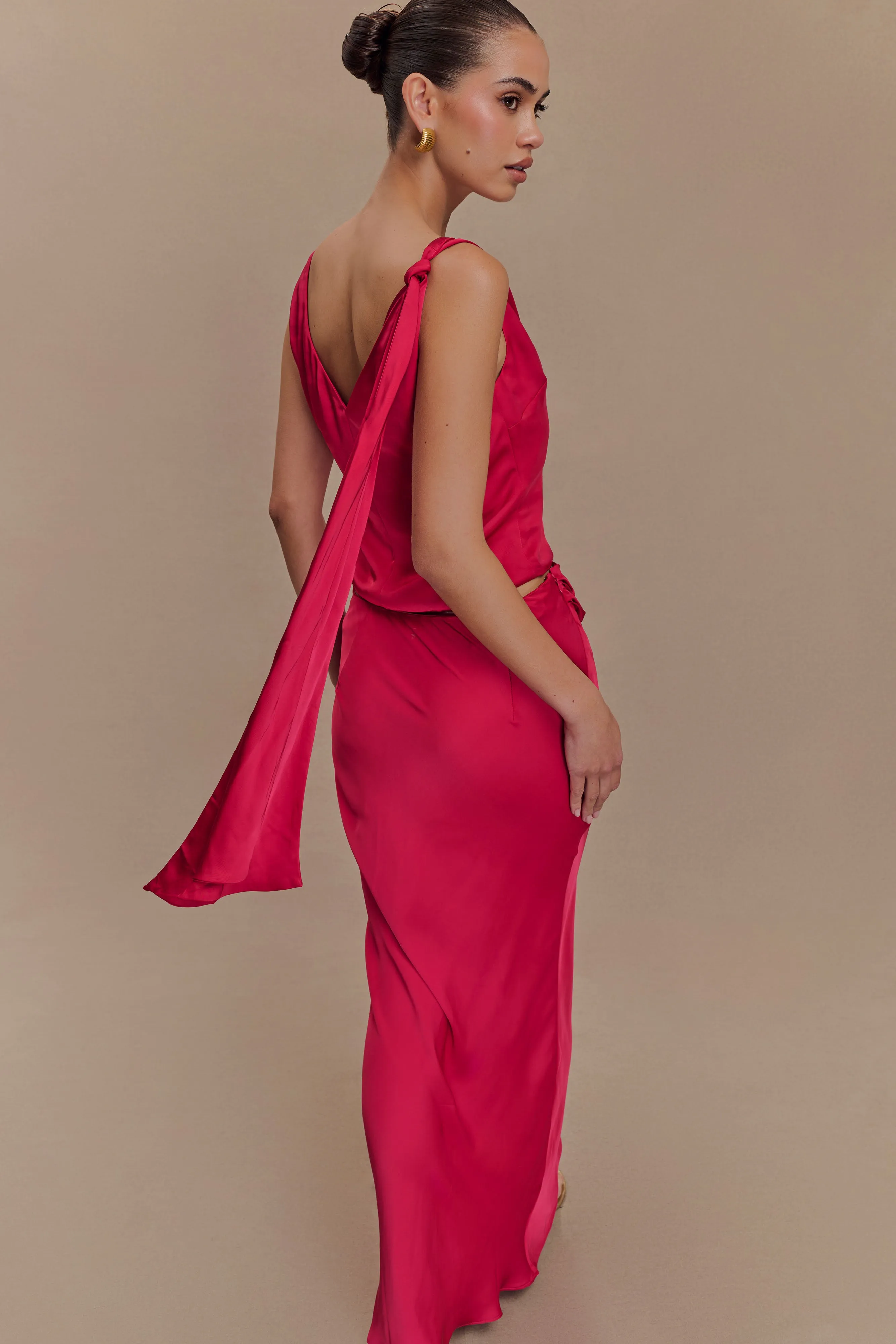 Rugged Comfort Nicola Satin Asymmetric Maxi Skirt - Pink Cherry