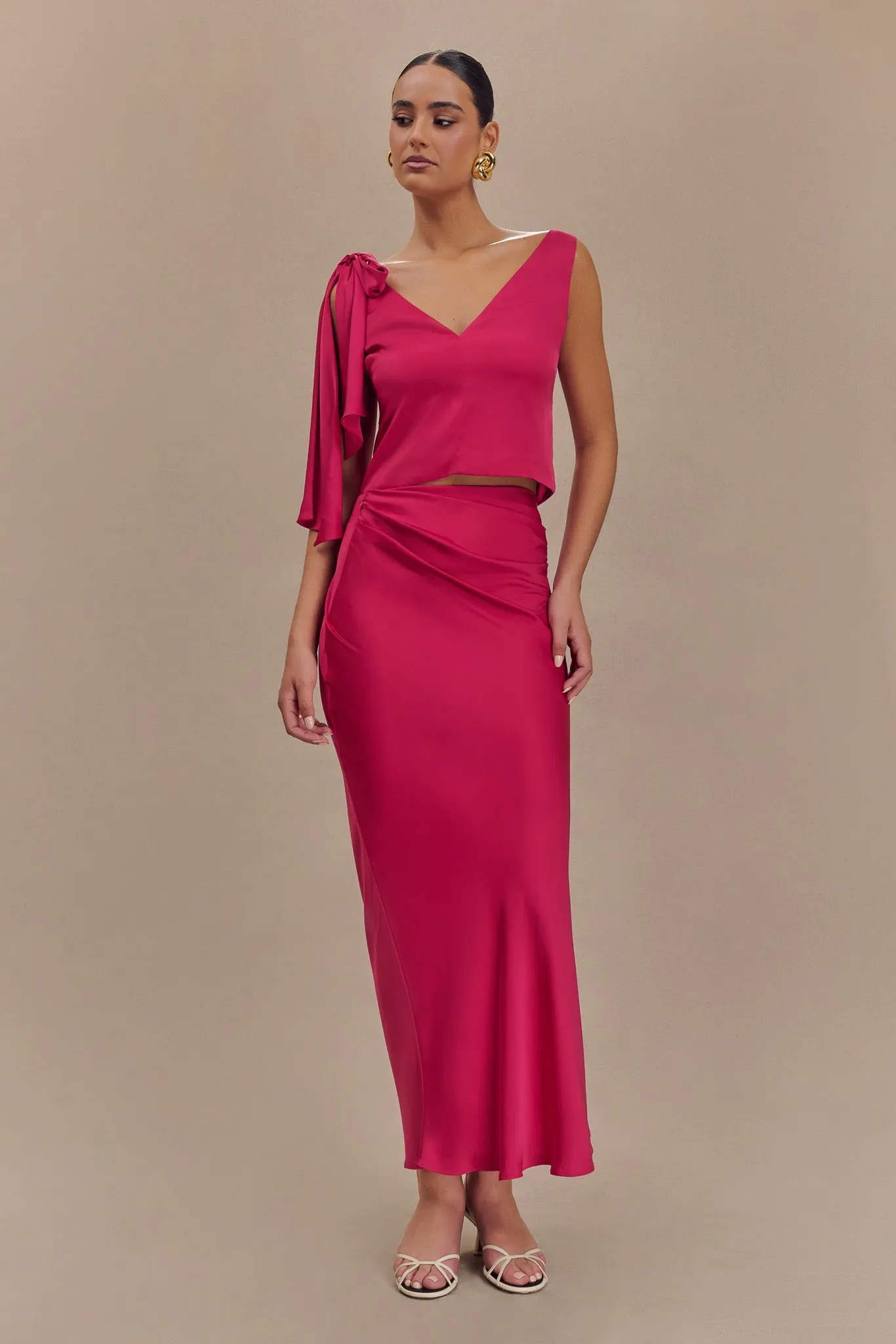Nicola Satin Asymmetric Maxi Skirt - Pink Cherry Low Bulk Design
