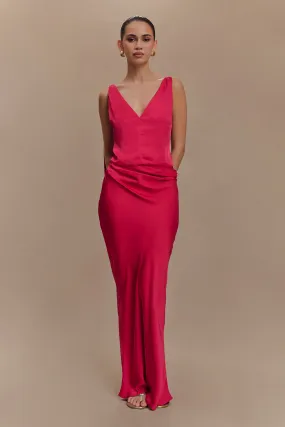 Sporty Layer Stylish Look Nicola Satin Asymmetric Maxi Skirt - Pink Cherry