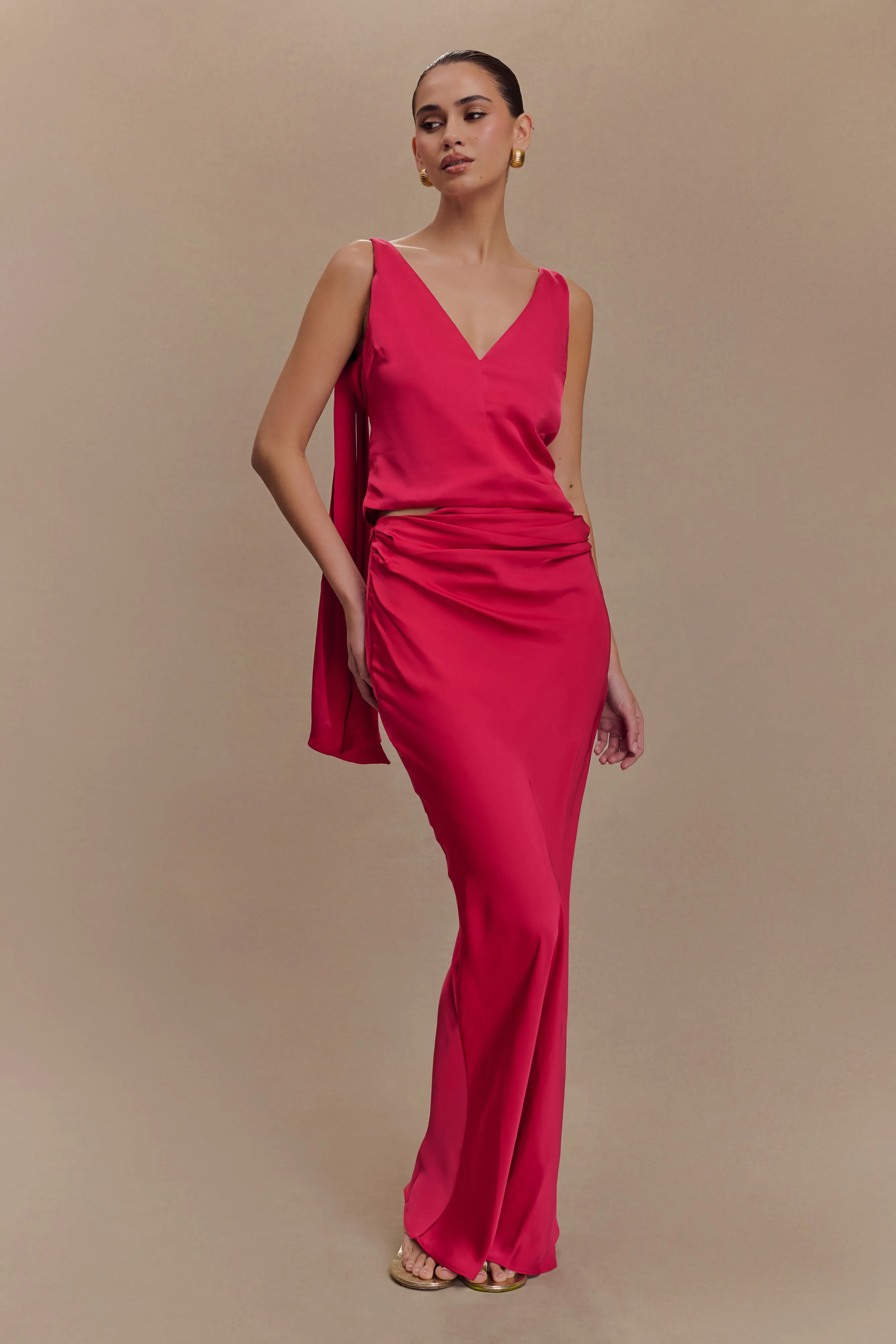 TaglessComfort Recycled Polyester Nicola Satin Asymmetric Maxi Skirt - Pink Cherry