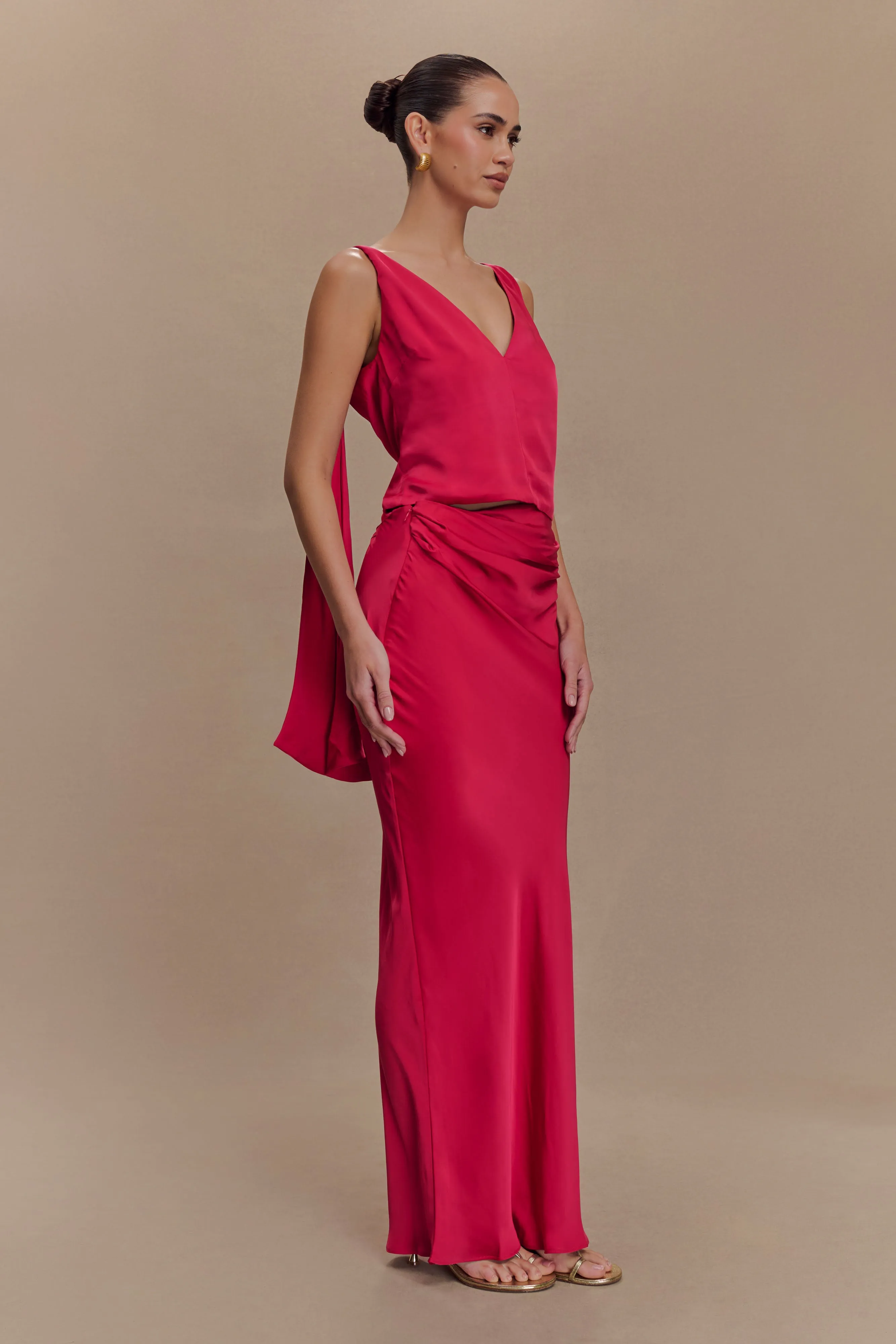 Nicola Satin Asymmetric Maxi Skirt - Pink Cherry Comfort Layer Wear Everyday Comfort Wear