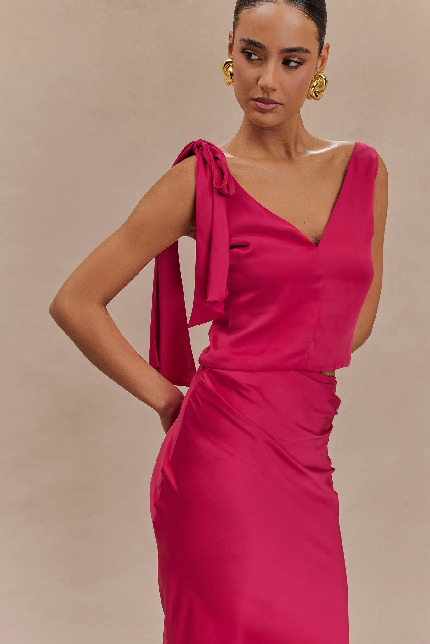 elegant design Midweight Texture Nicola Satin Tie Sleeveless Top - Pink Cherry