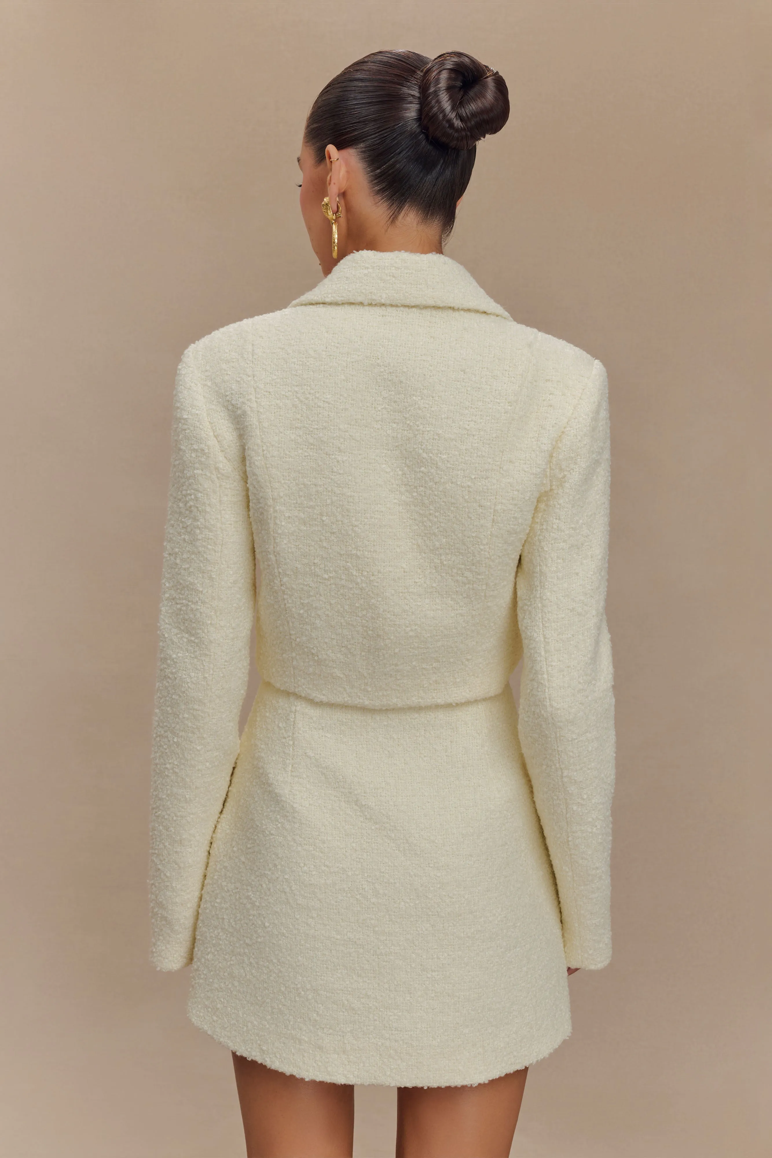 Mirelle Textured Boucle Cropped Long Sleeve Top - Ivory Hidden Pocket