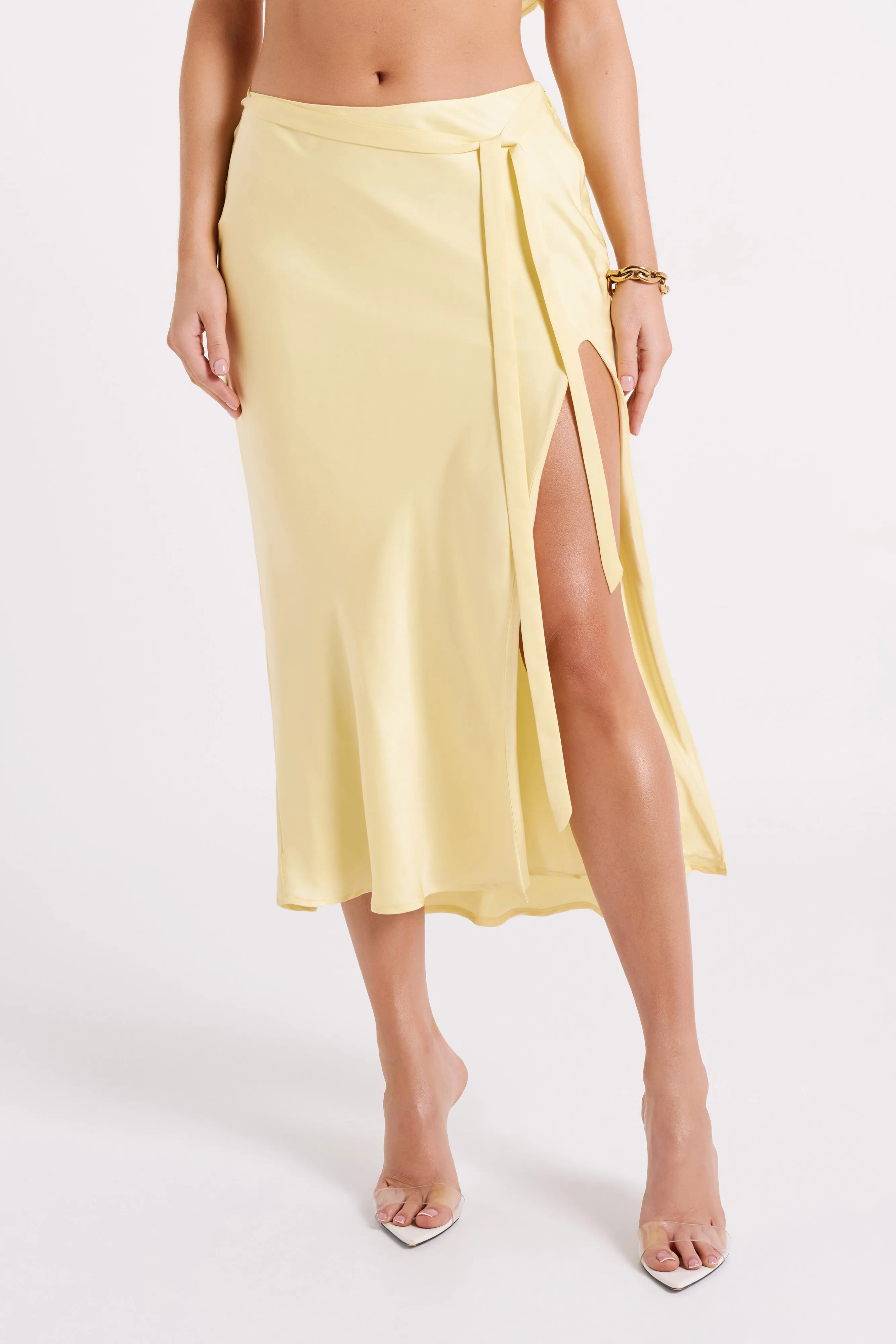 RecyclablePackaging Edie Satin Midi Skirt With Tie - Yellow