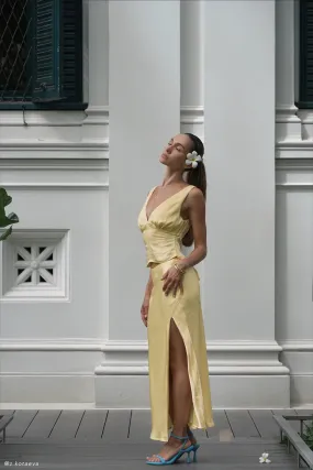 Edie Satin Midi Skirt With Tie - Yellow Light Reflective Details Layering Comfort