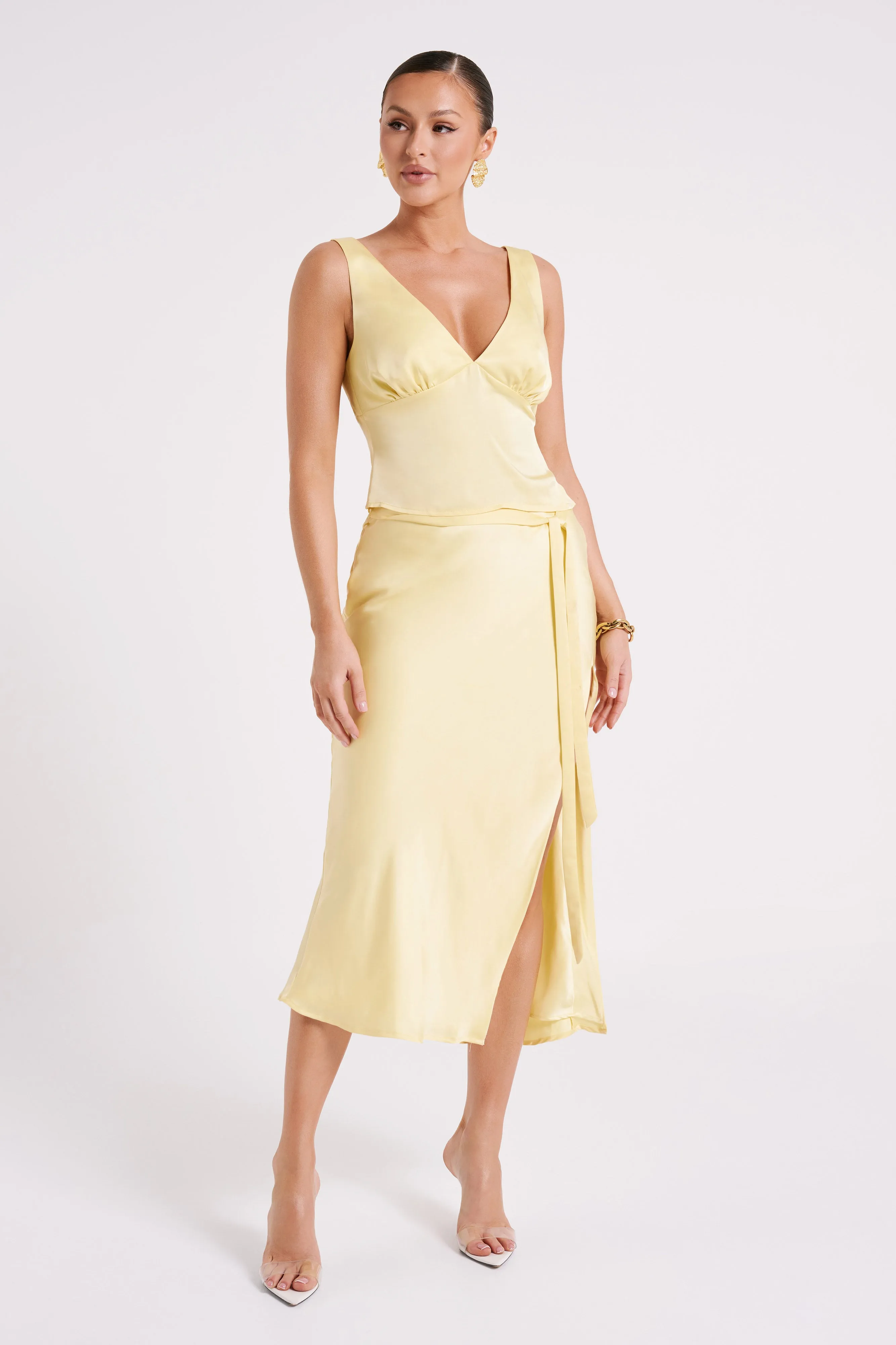 Edie Satin Midi Skirt With Tie - Yellow Breath Friendly AbrasionResistantPanels