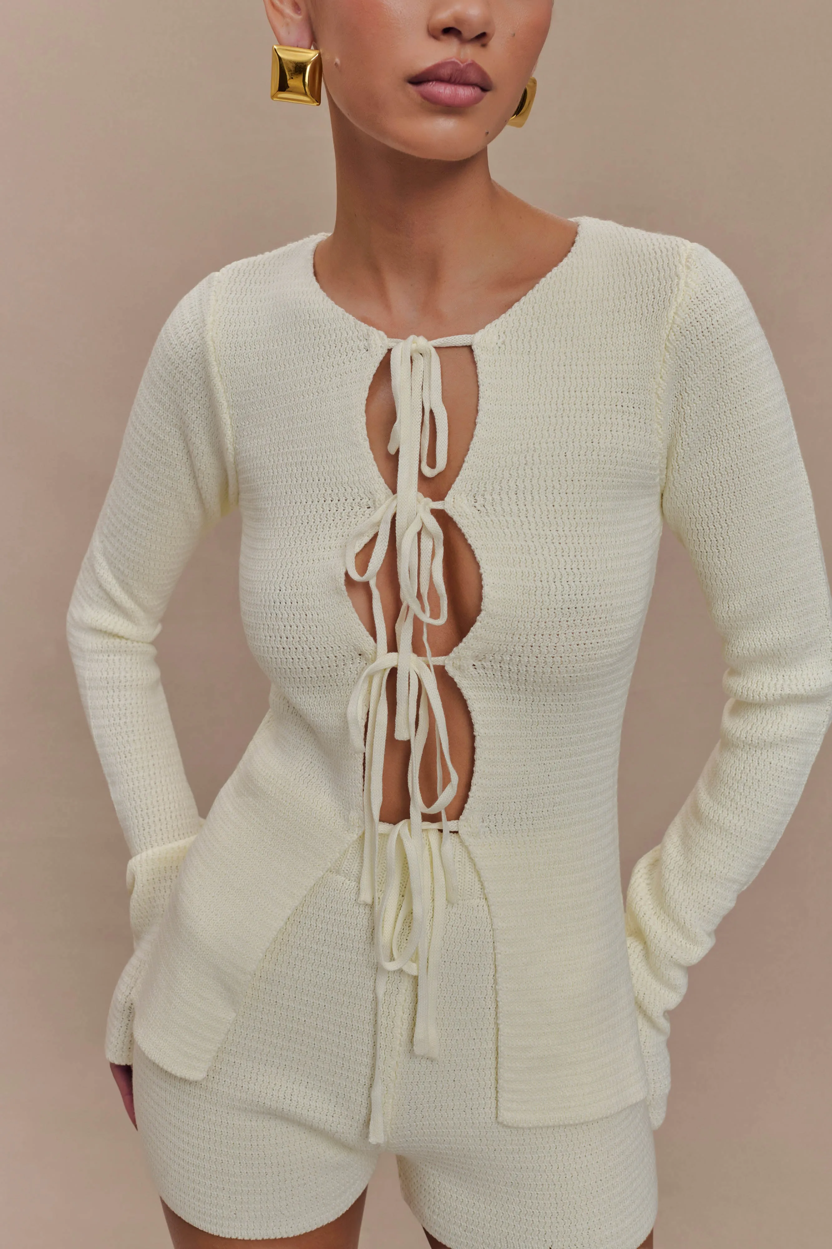 Noah Knit Tie Long Sleeve Top - Ivory Garment Washed Softness