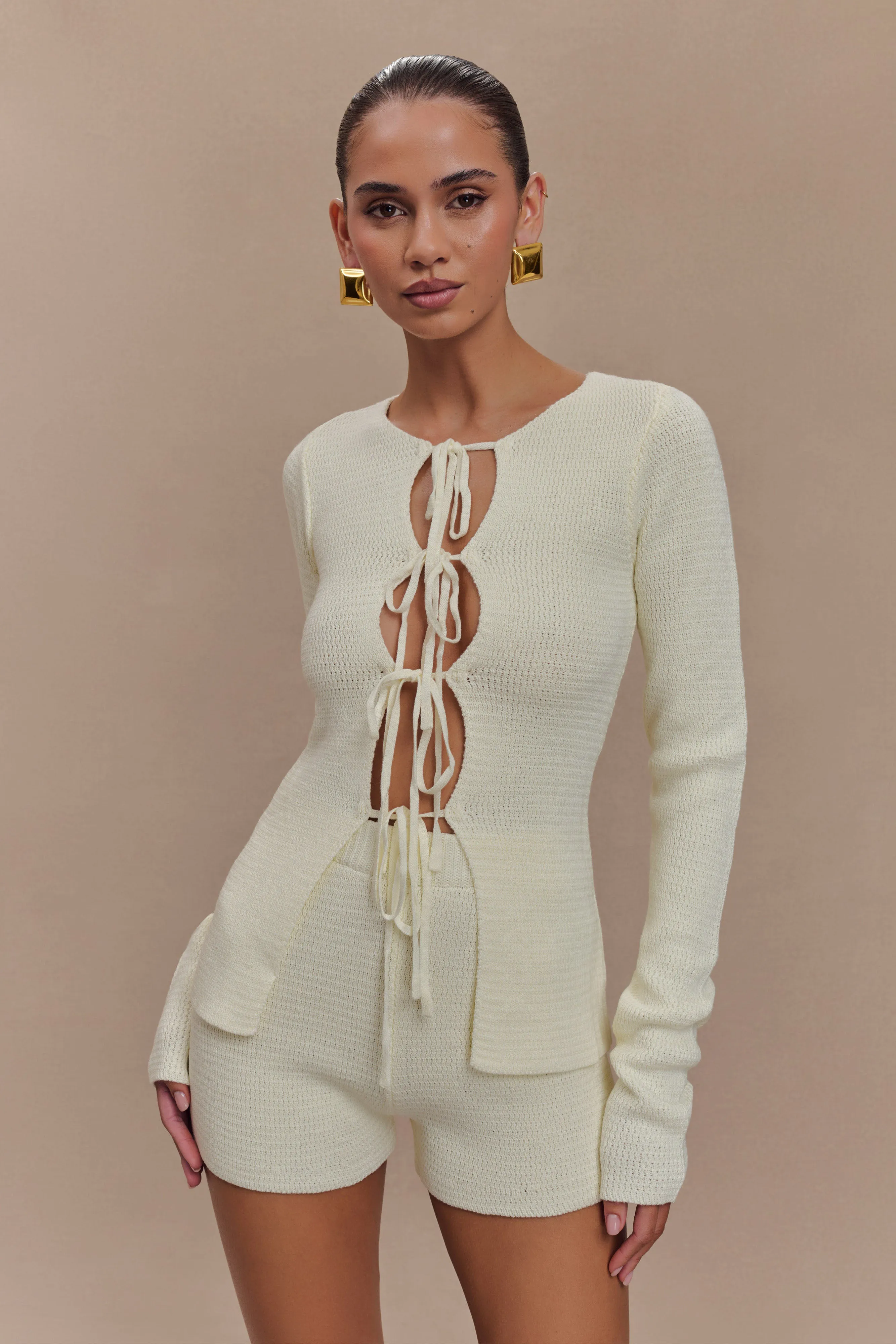 NonIrritating Seams Quick Release Fasteners Noah Knit Tie Long Sleeve Top - Ivory