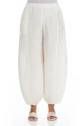 Taper Off White Crinkled Silk Linen Trousers Raw edge