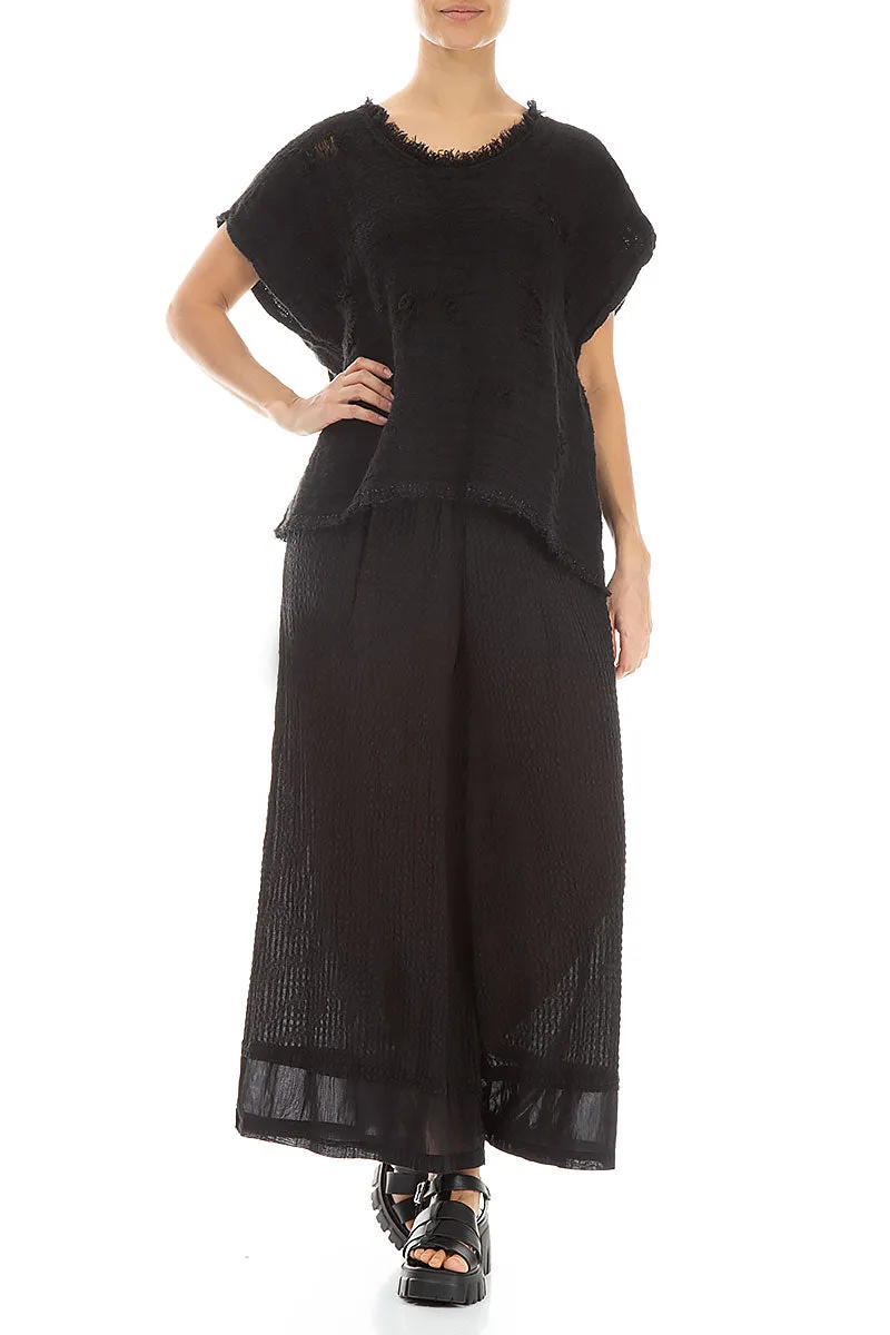 Wide Black Textured Silk Trousers Fashion-Forward