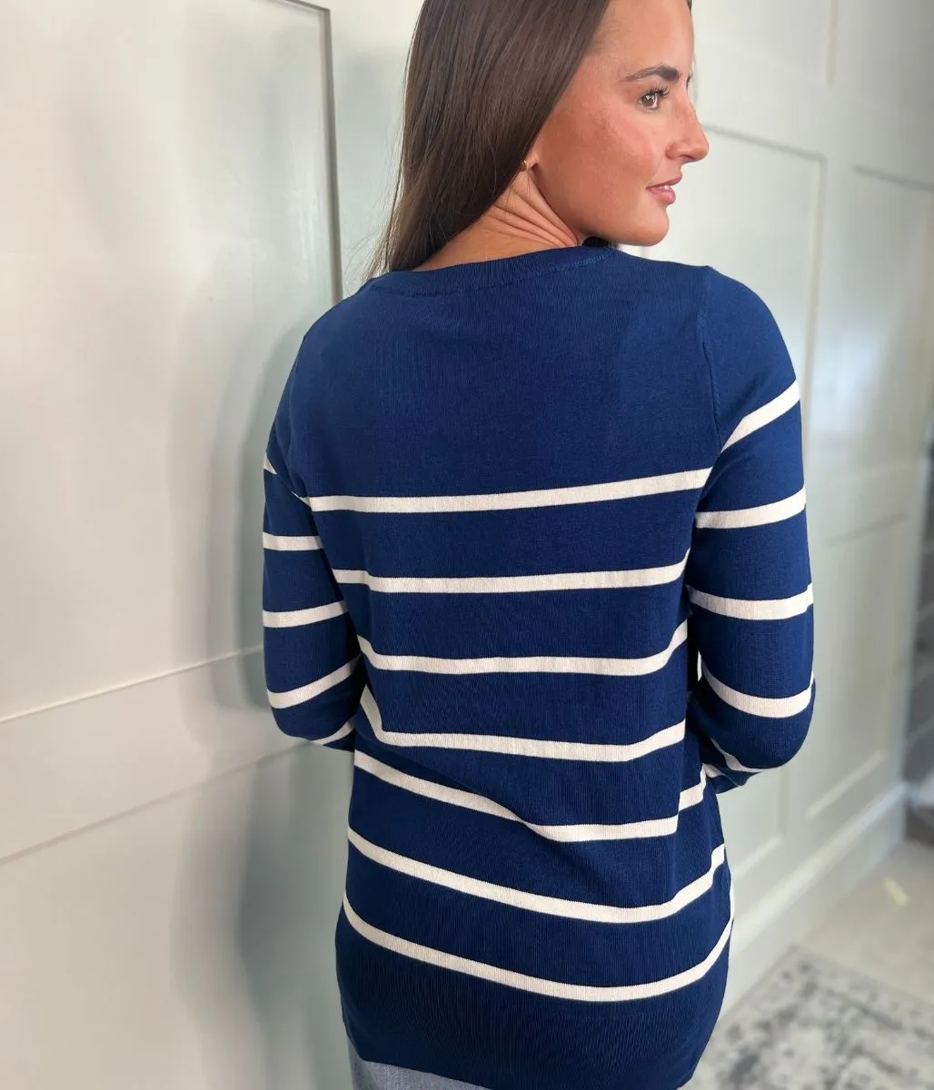 Navy & White Stripe Fine Knit Jumper Soft Design Fit Comfort Wear
