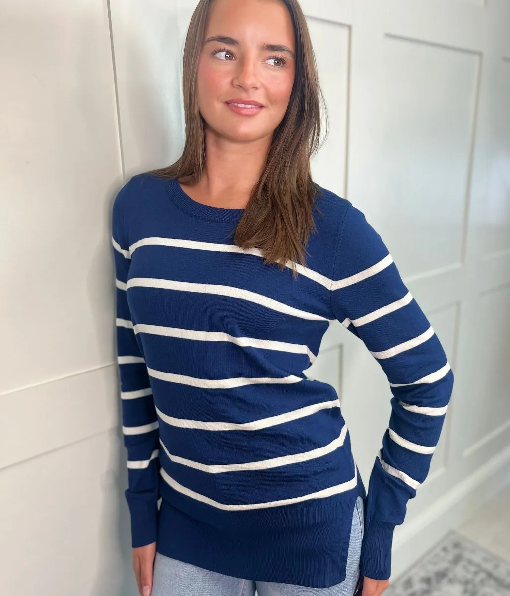 Navy & White Stripe Fine Knit Jumper Quick Fit Stretch Quick Layer