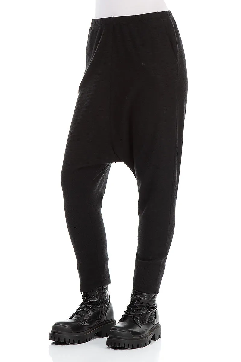 Embroidered Detail Workout-ready Baggy Black Rib Cotton Wool Trousers
