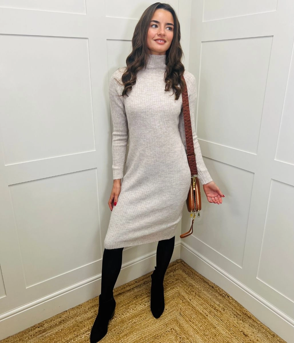 Versatile sundress Oatmeal Ribbed Knitted Funnel Neck Dress
