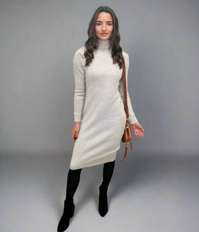 Oatmeal Ribbed Knitted Funnel Neck Dress Softly Structured Scandi Clean