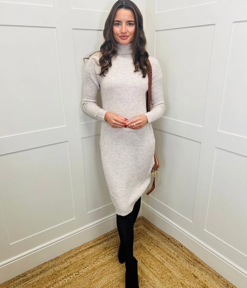 Form Focus Oatmeal Ribbed Knitted Funnel Neck Dress