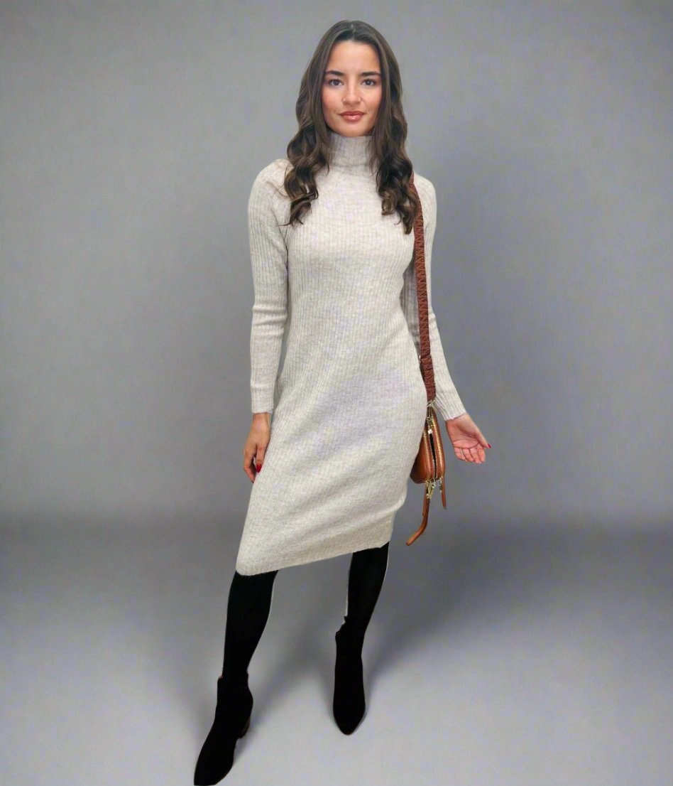 Oatmeal Ribbed Knitted Funnel Neck Dress Softly Structured Scandi Clean
