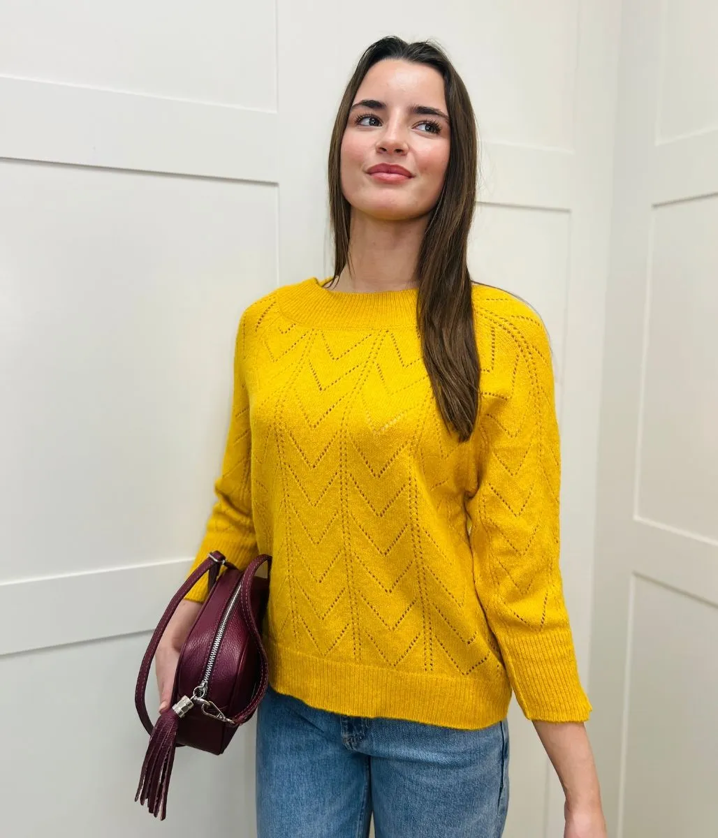 Knit Outfit Light Warmth Ochre Pointelle Crew Neck Jumper