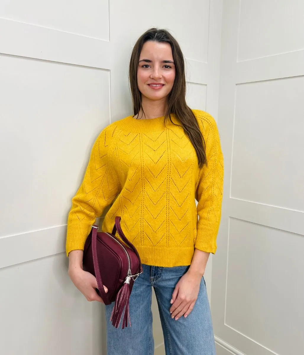 Quick Style Ochre Pointelle Crew Neck Jumper