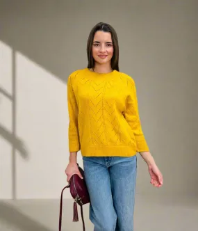 Warm Comfort Fit Ochre Pointelle Crew Neck Jumper