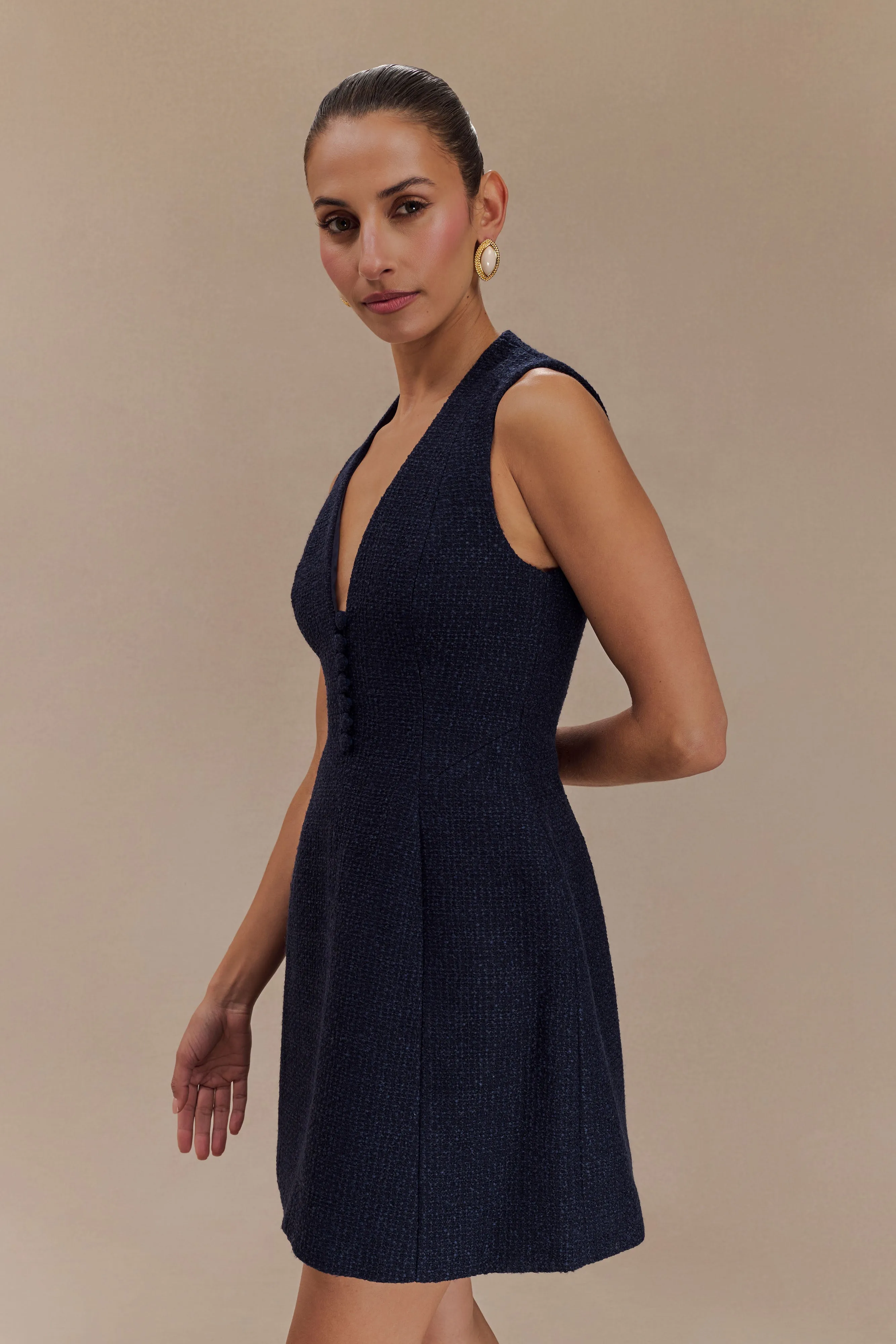 Contemporary Fit All Gender Danna Boucle Mini Dress With Pleats - Midnight Blue