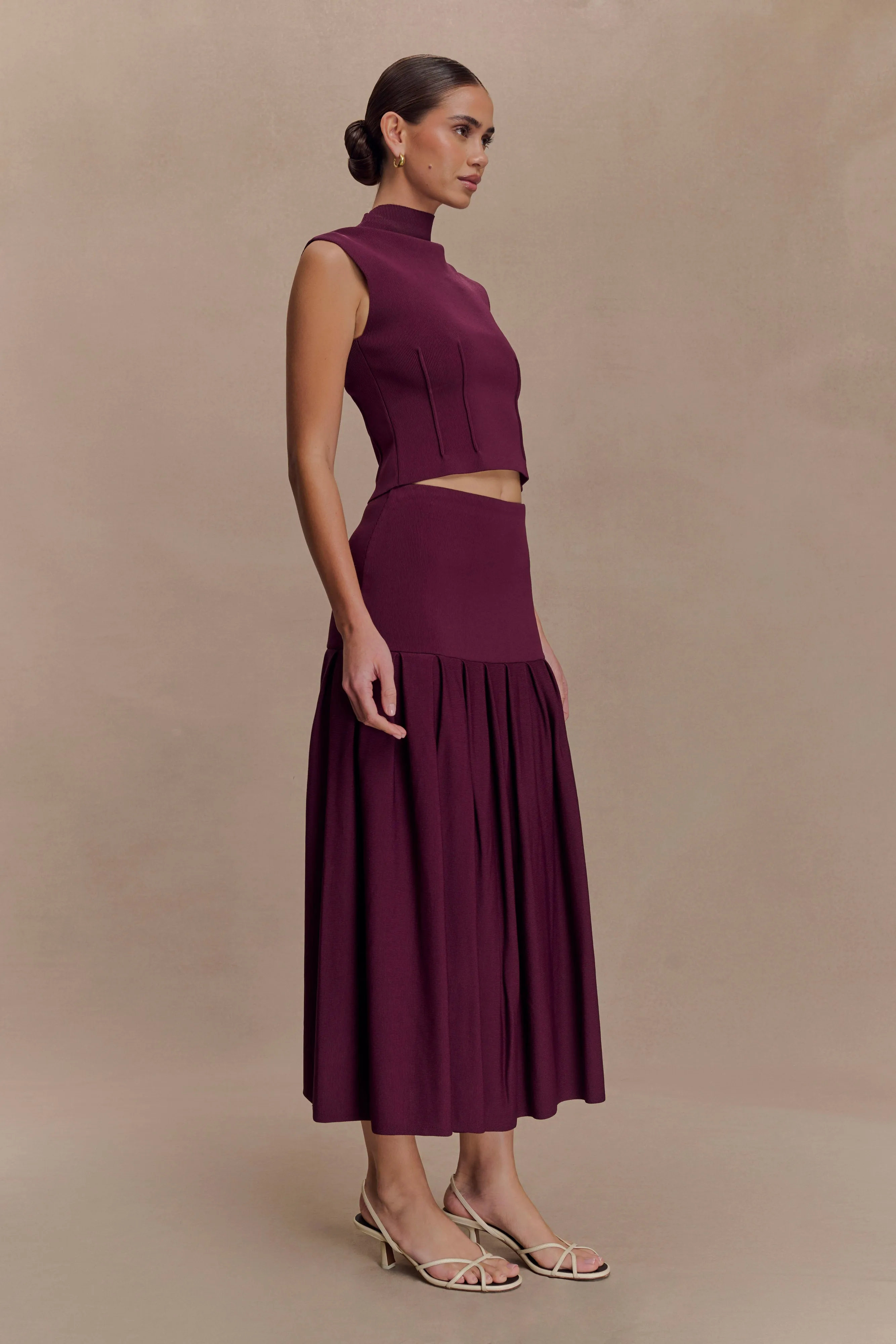 Romaine High Neck Bandage Knit Top - Wine Modern Design