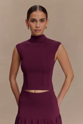 MultiPanel Design Romaine High Neck Bandage Knit Top - Wine