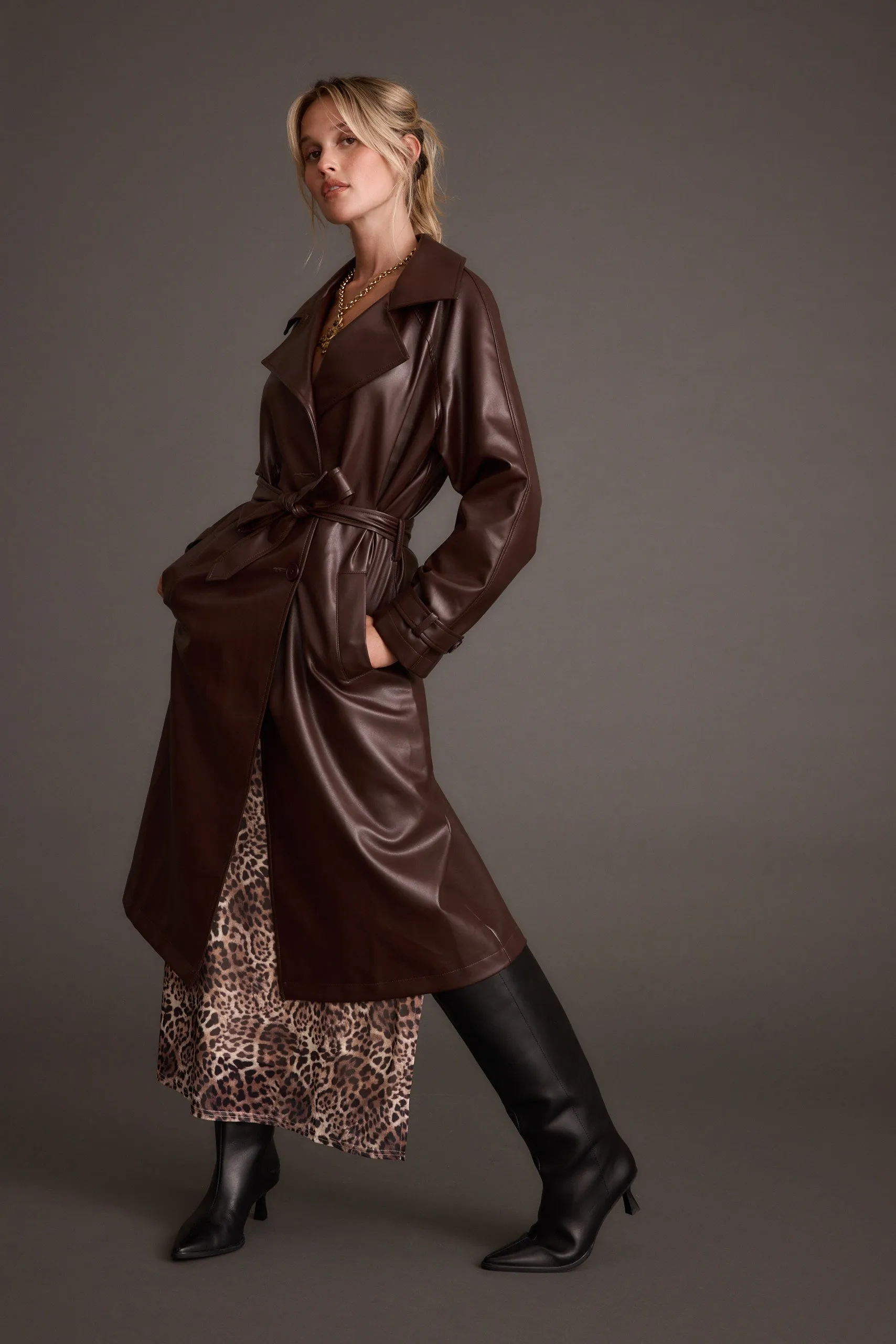 Stretch Blouse Reinforced Hem Stitching Brynne Faux Leather Mahogany Brown Trench