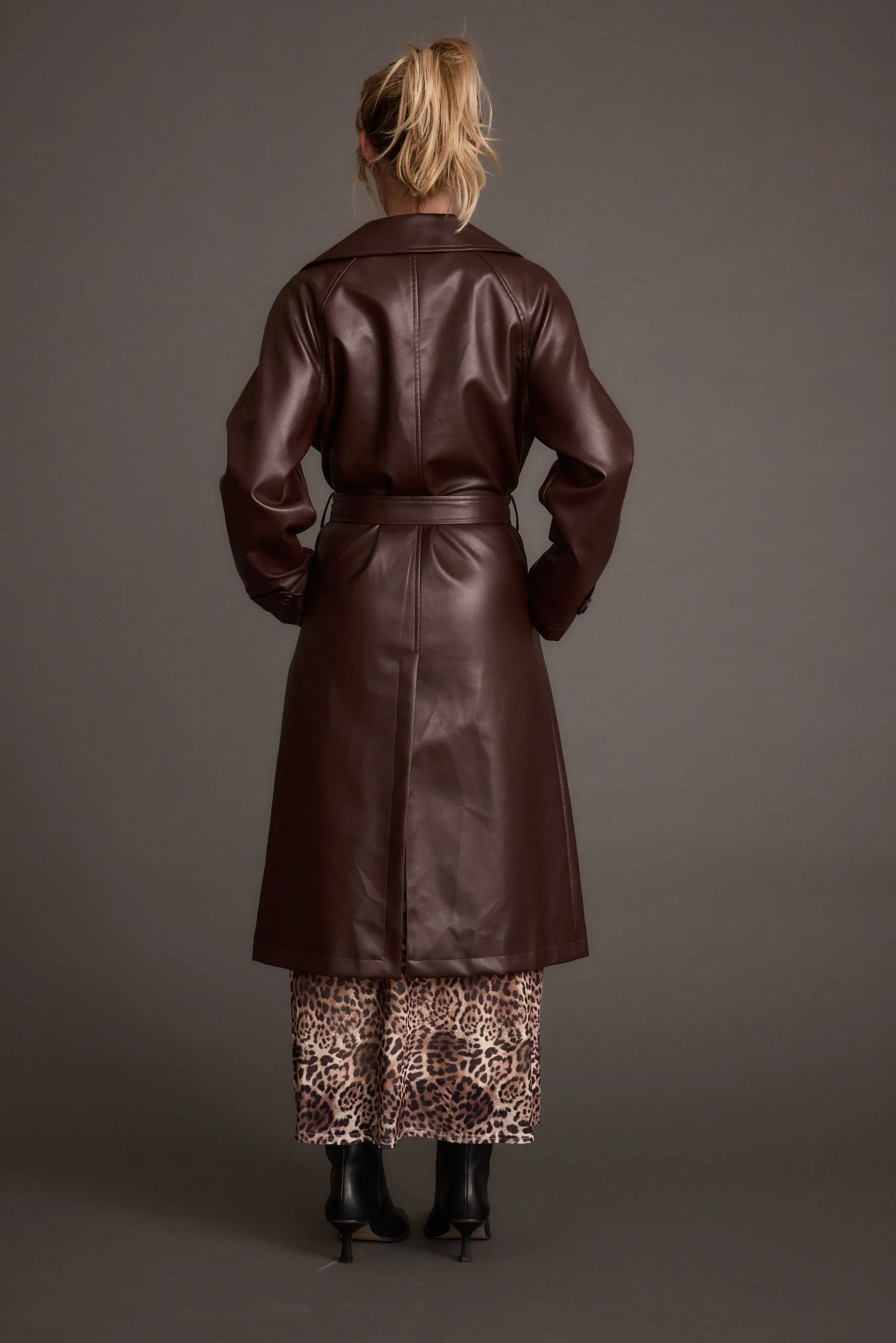 Layered Look Brynne Faux Leather Mahogany Brown Trench