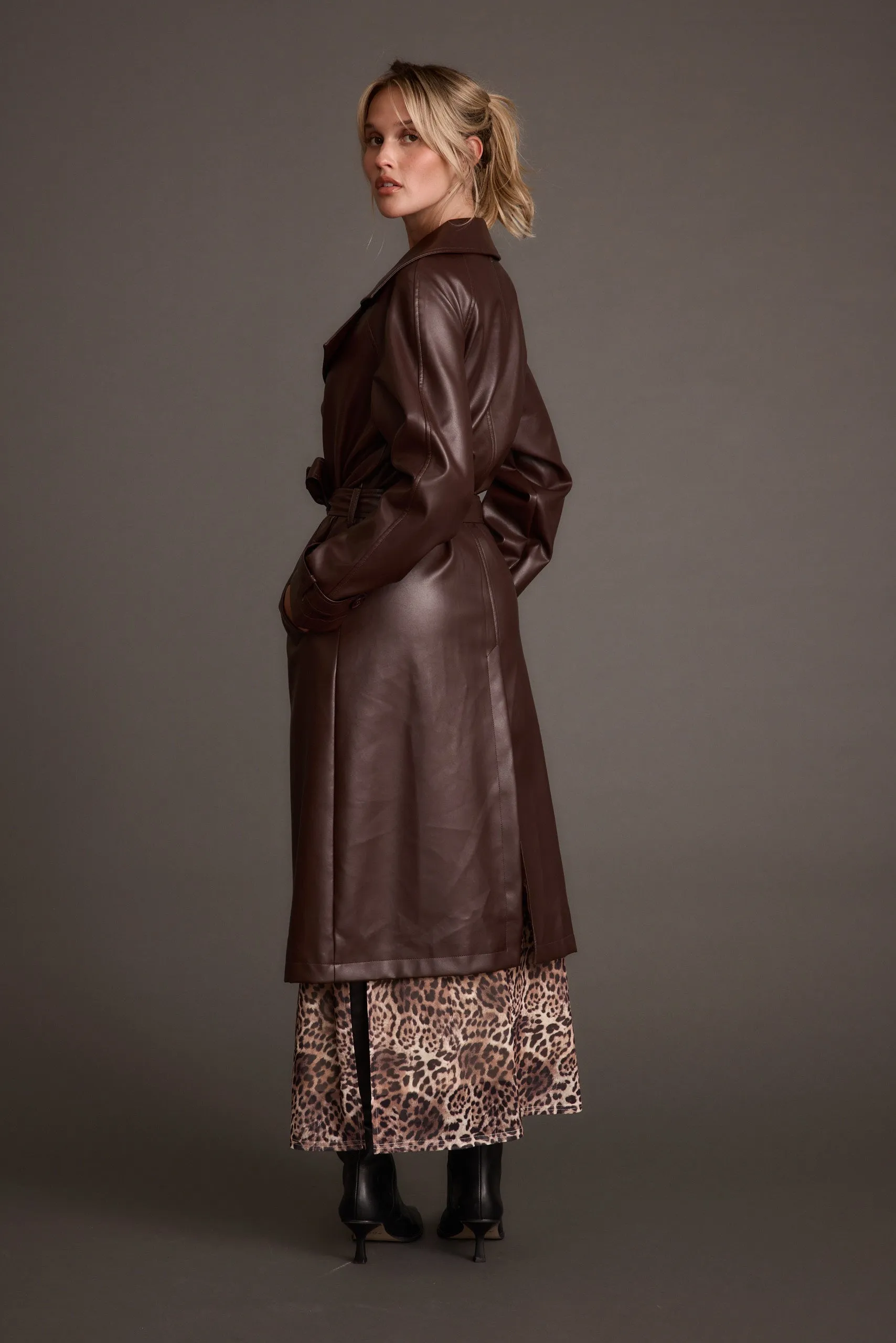 Brynne Faux Leather Mahogany Brown Trench Moisture wicking AdvancedAirflowChannels