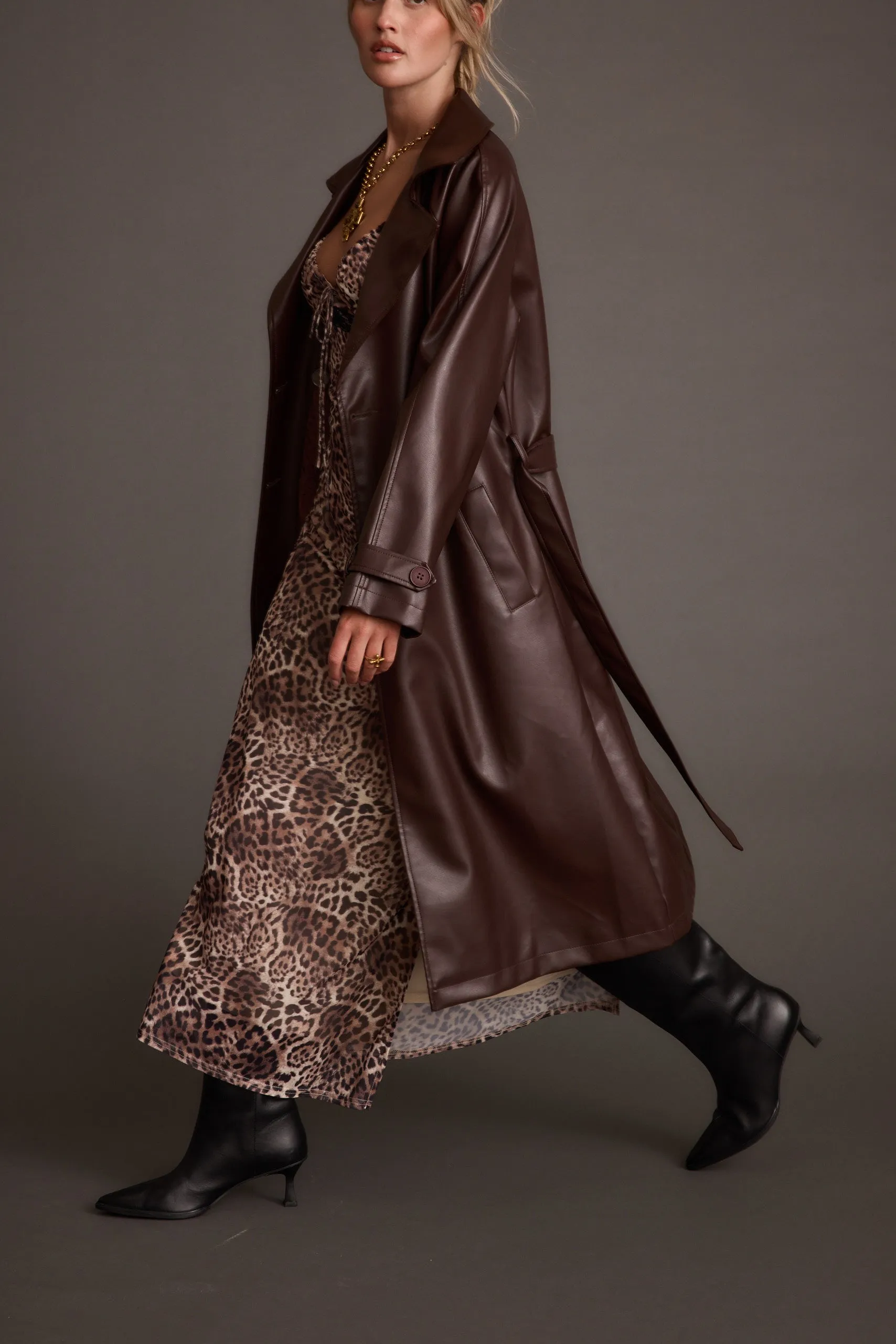 Brynne Faux Leather Mahogany Brown Trench Odor Control Technology