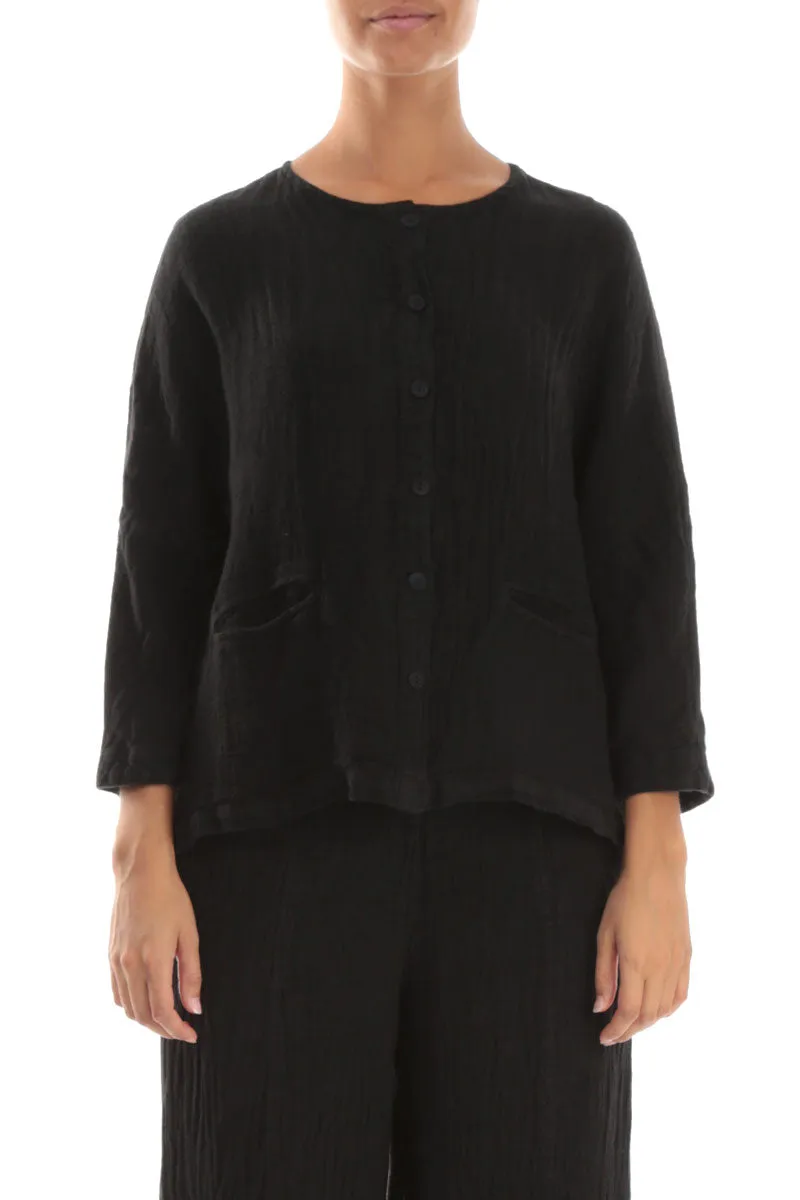 Black M??lange Linen Jacket Blouse Subtle Color Tone