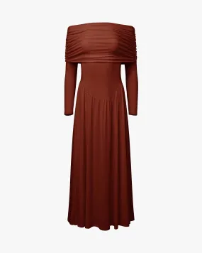 Off Shoulder Ruched Midi Dress flowy style