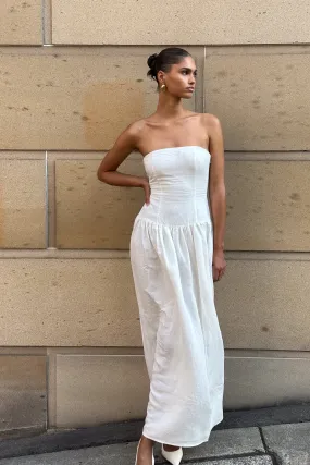 Audrina Strapless Linen Maxi Dress - White Subtle Drape