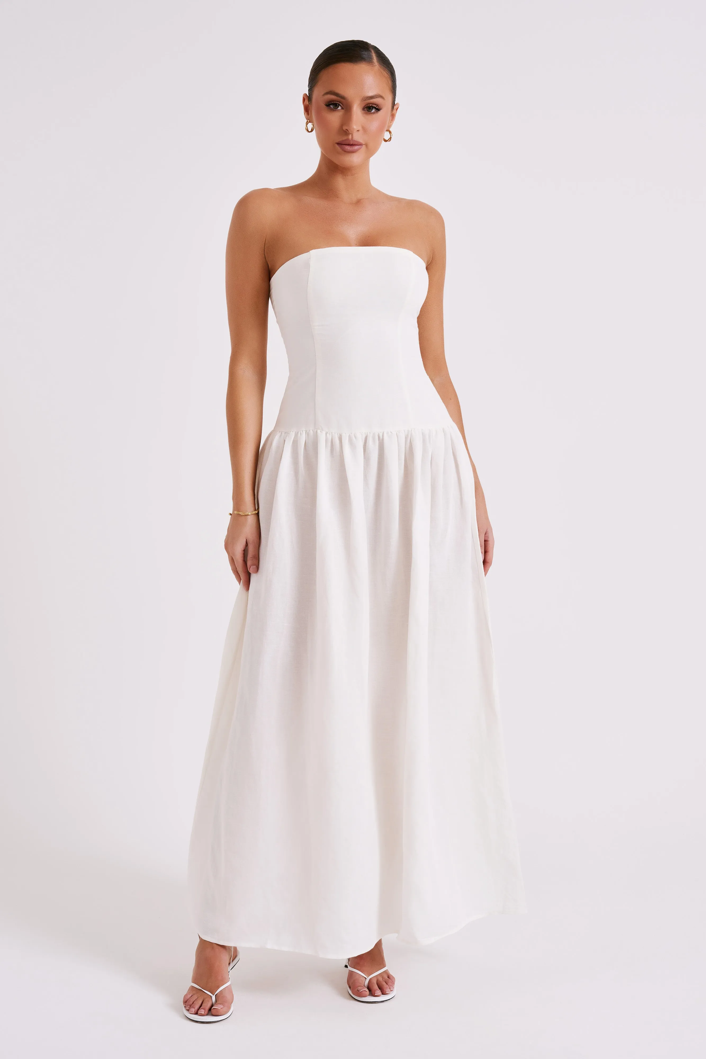 Audrina Strapless Linen Maxi Dress - White Elegant Wearable