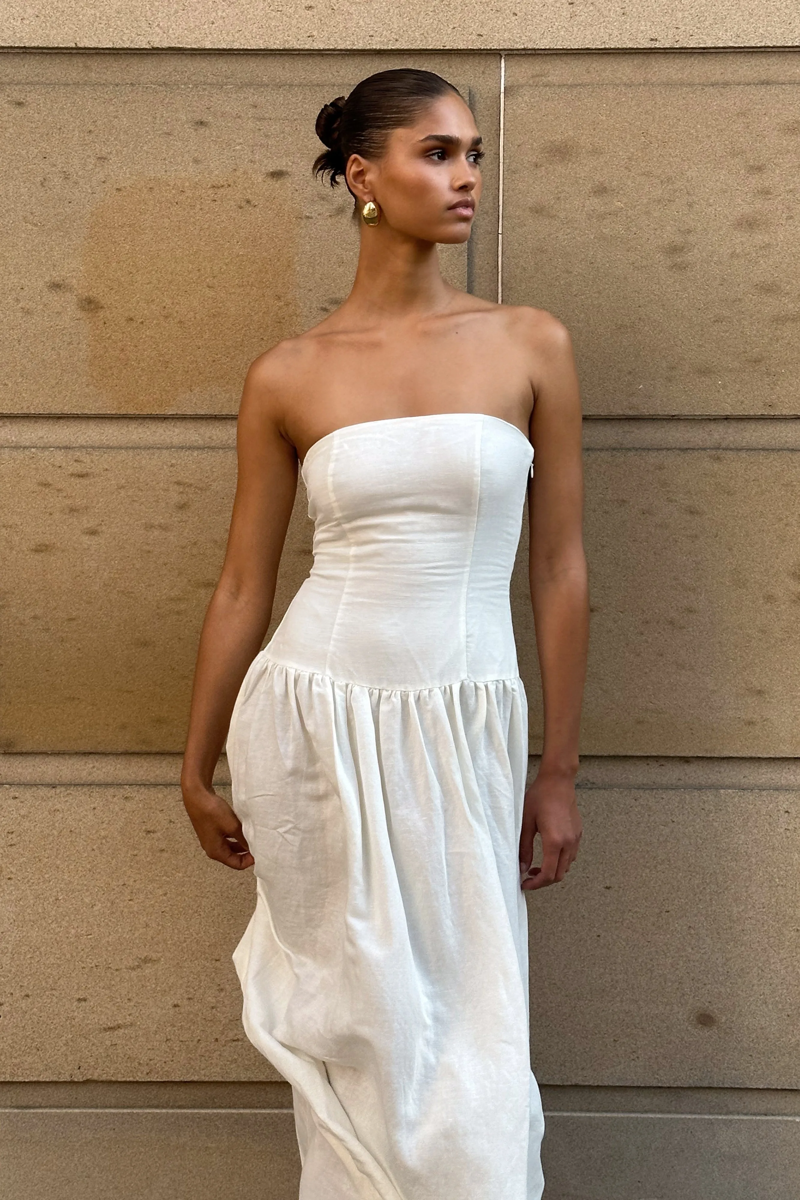 Audrina Strapless Linen Maxi Dress - White Peplum-Style Work Vibes