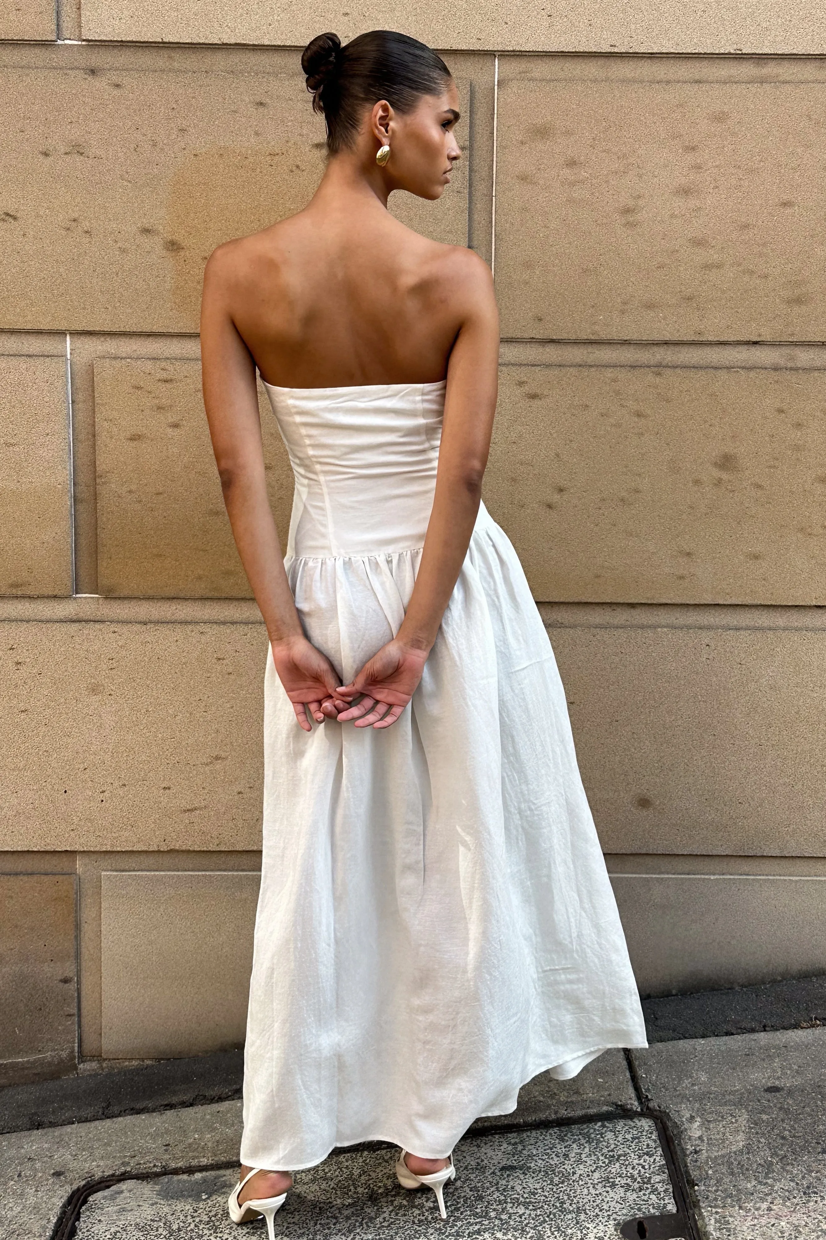 Fashion Daily Audrina Strapless Linen Maxi Dress - White