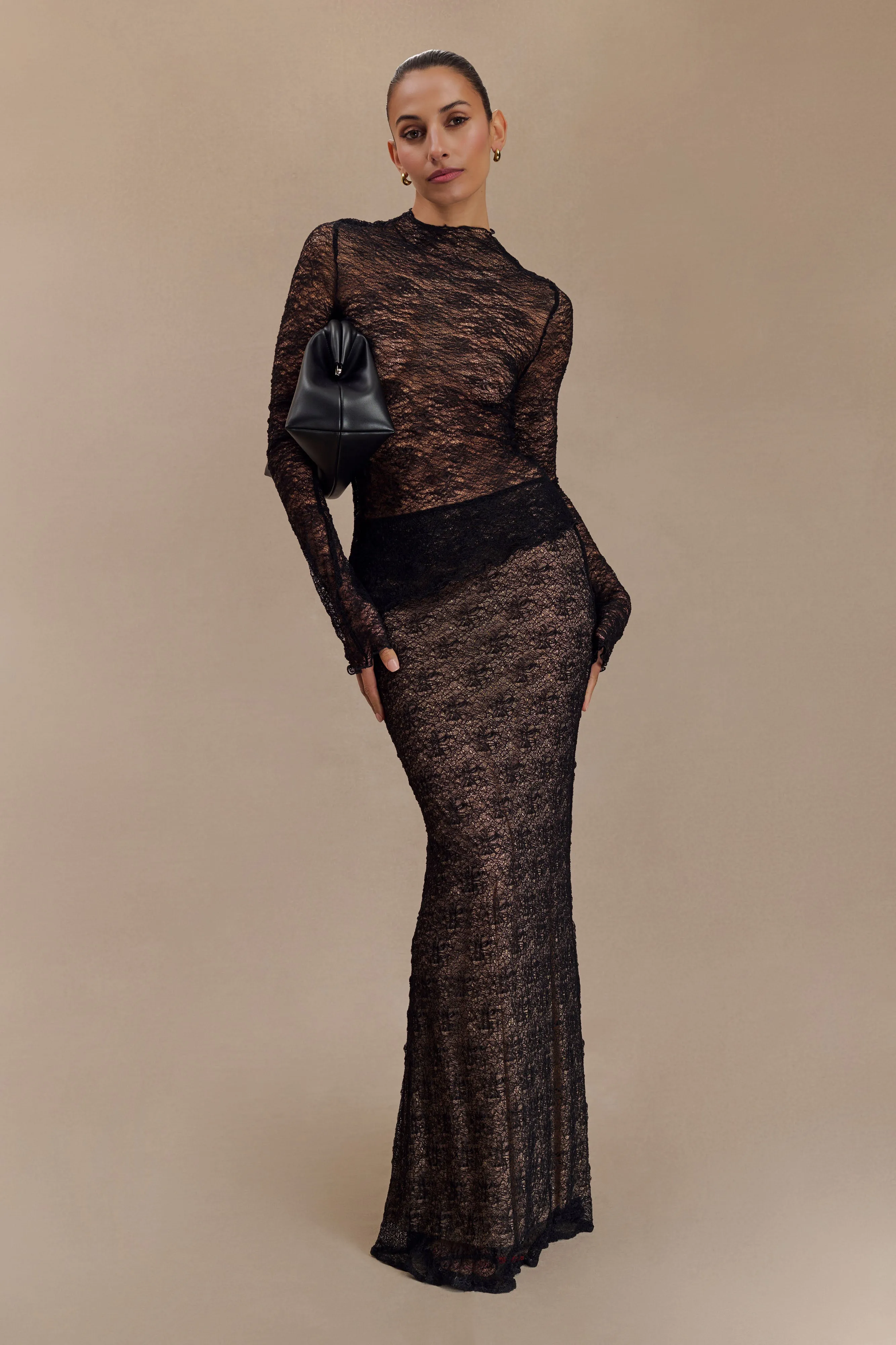 Robyn Sheer Lace Maxi Skirt - Black Gusseted Crotch clean look