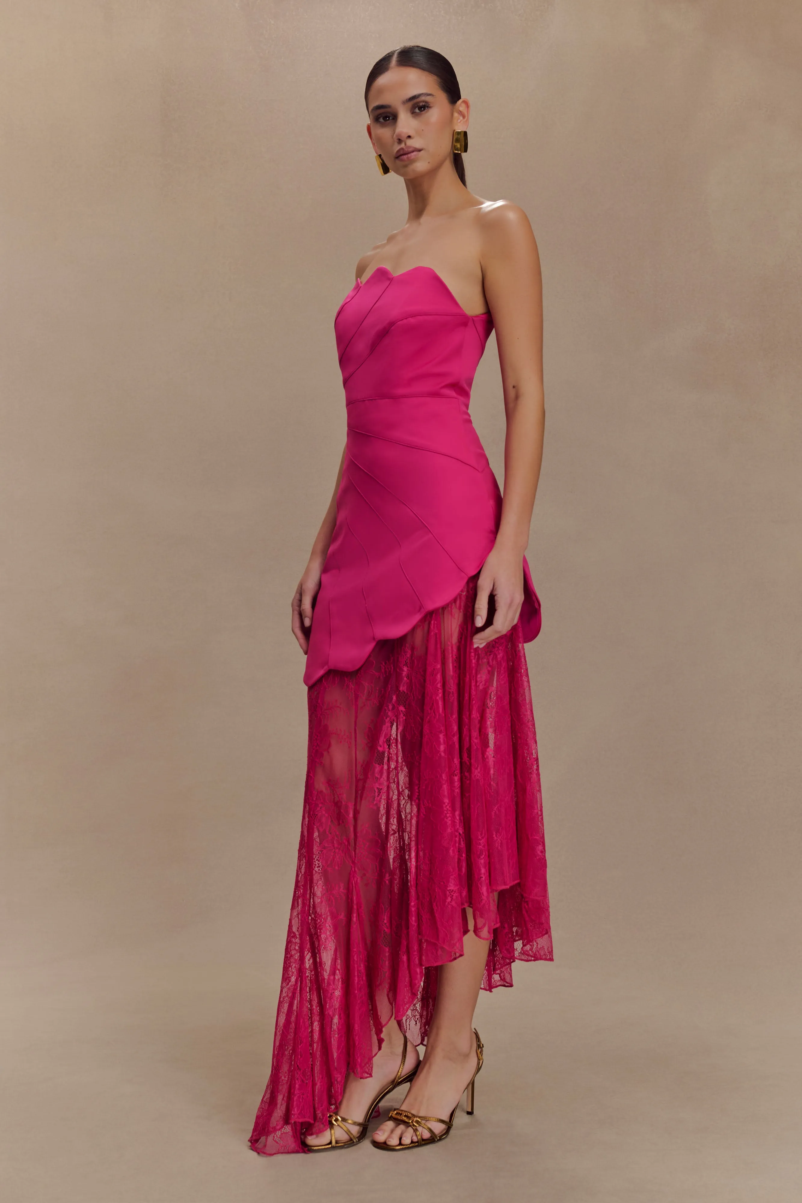 Aleena Satin And Lace Maxi Dress - Dragonfruit Light Aesthetic Drawstring-Waist
