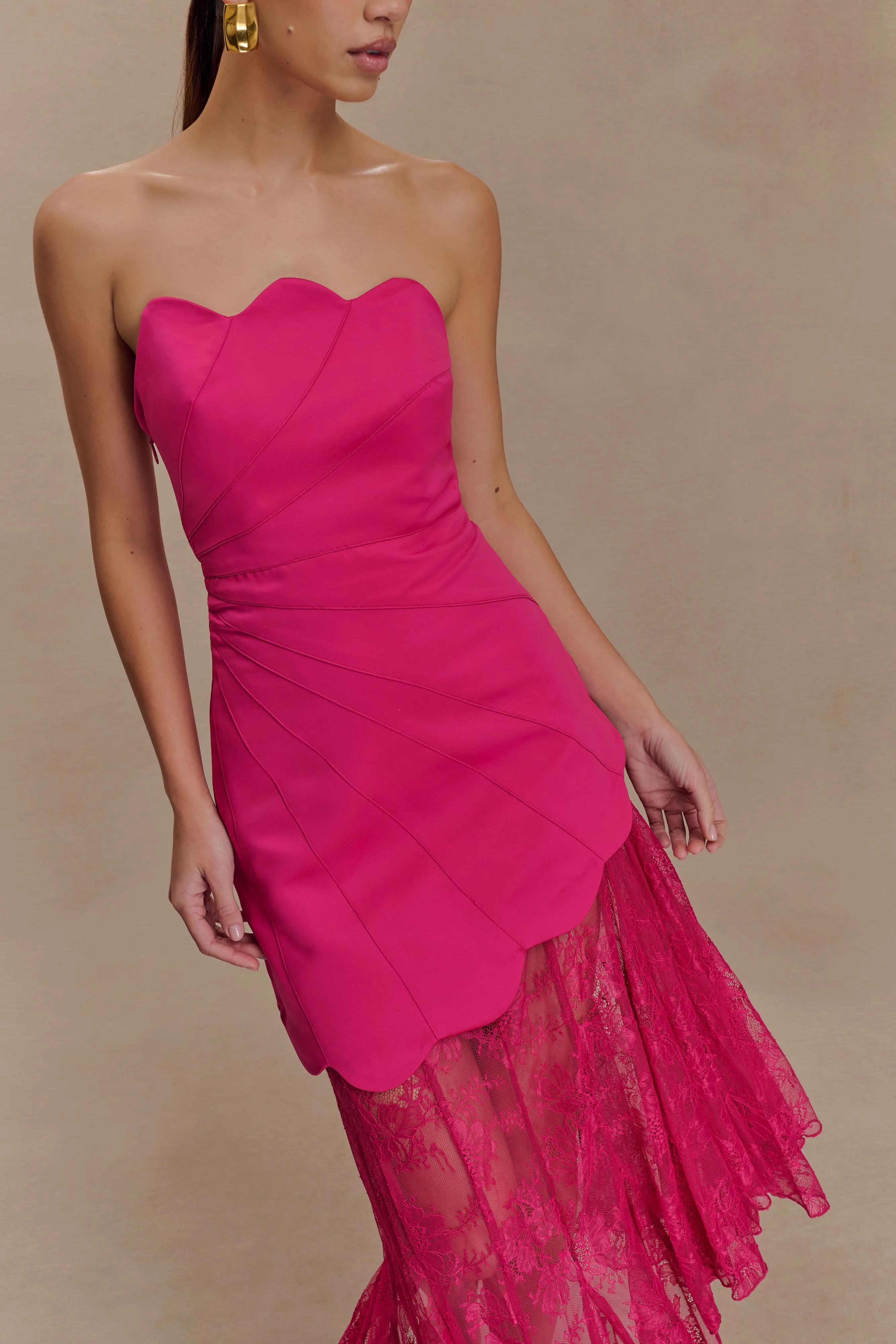Aleena Satin And Lace Maxi Dress - Dragonfruit Neutral palette Crisp Silhouette