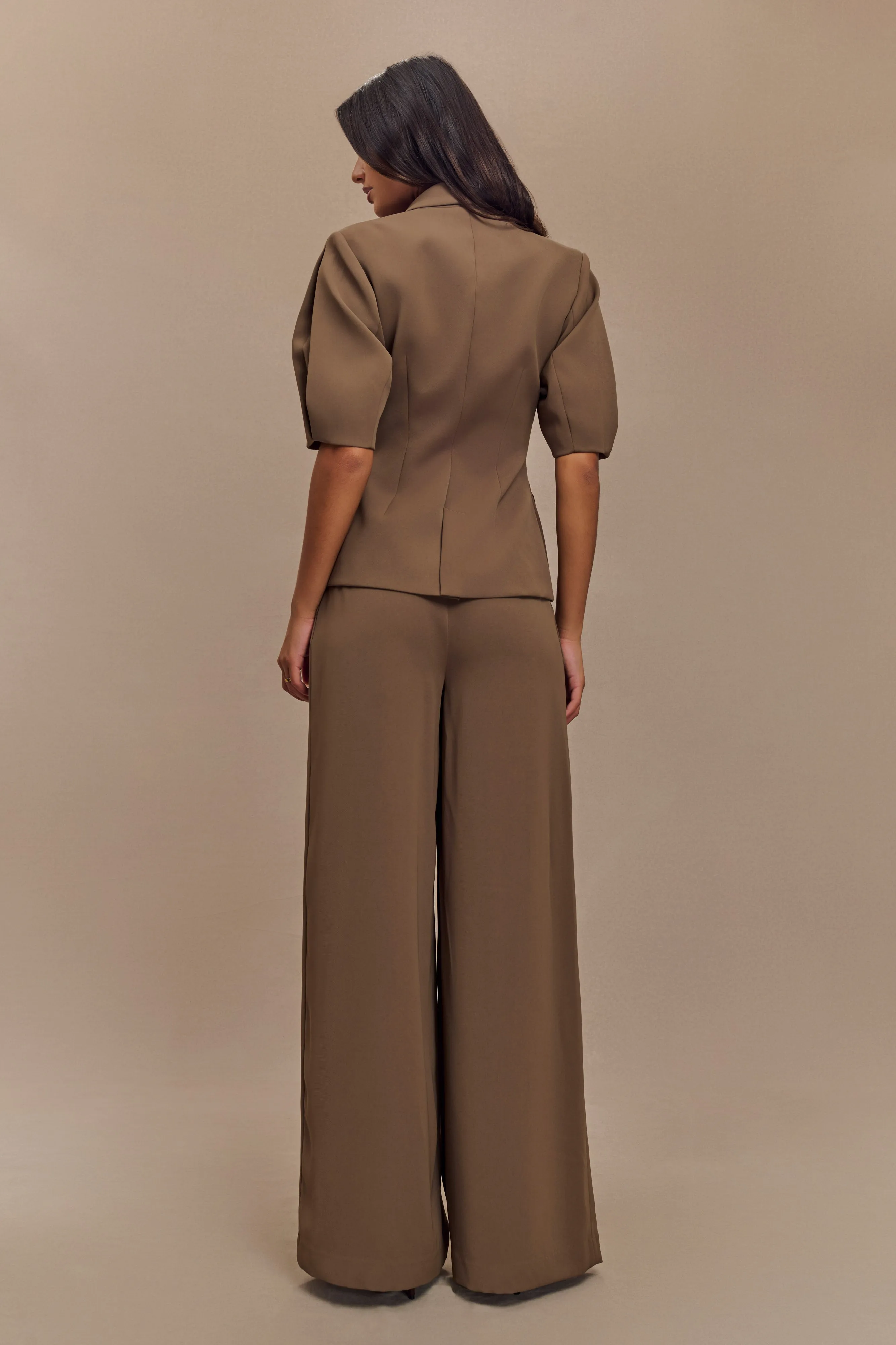 Opal Puff Sleeve Suiting Top - Cacao Brown Layered Shoulder Stretch waistband