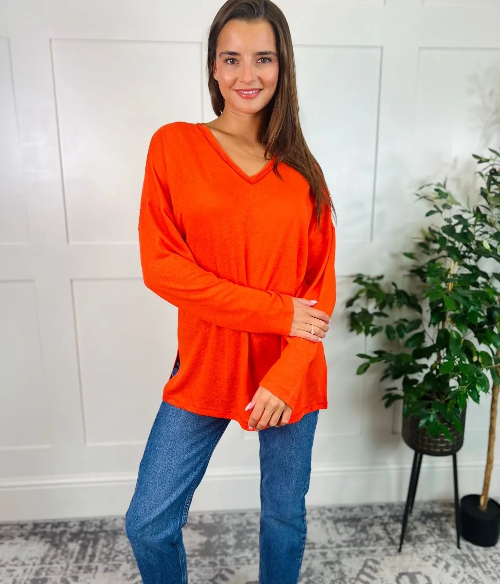 Orange Linen Rich Raw Hem Top Strong Glow Sheer Glow