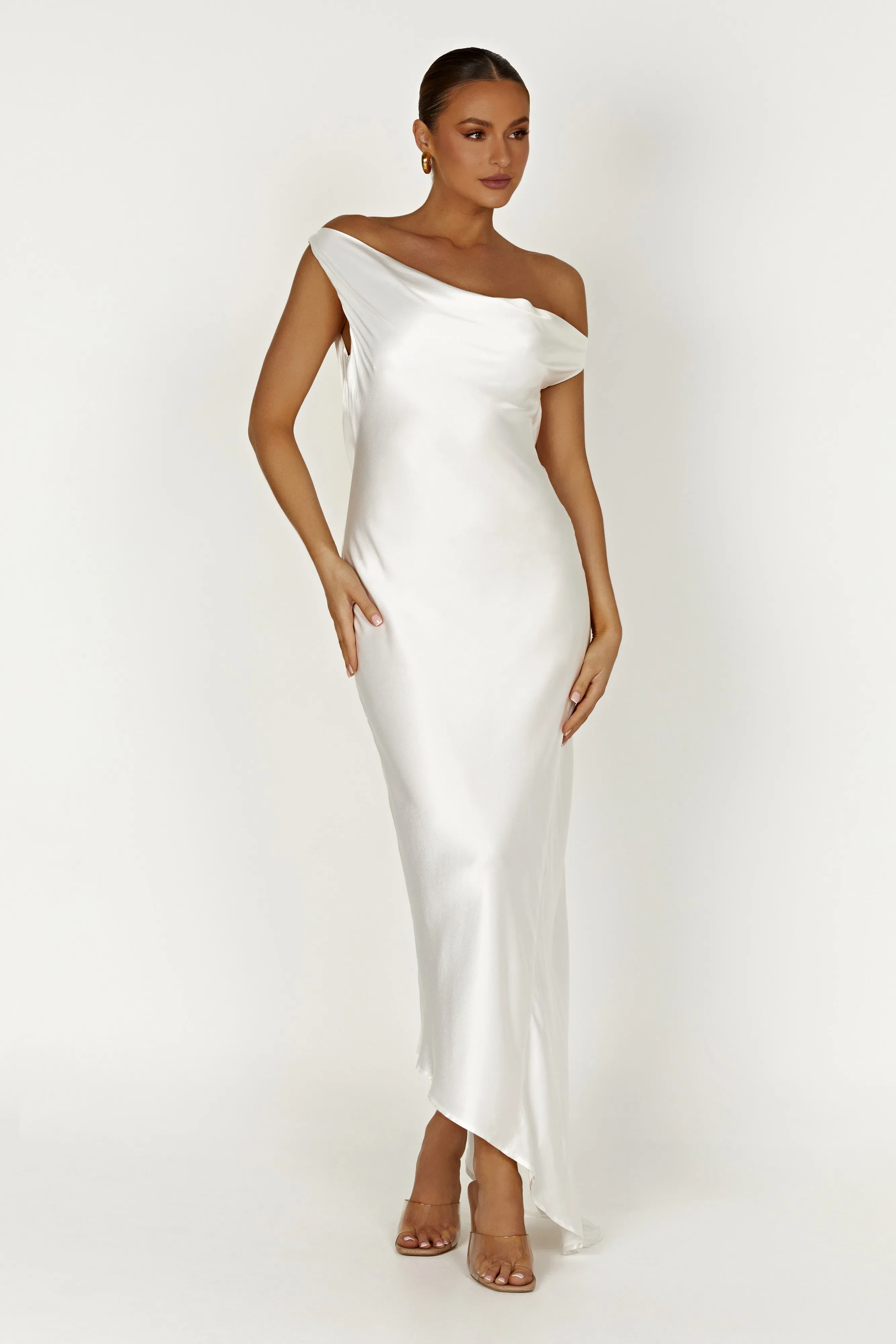 Olive Tone Compressible Yvette Slip Maxi Dress With Asymmetrical Hem - White