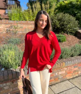 Active Style elastic waistband Red Fine Knit V Neck Tunic Jumper