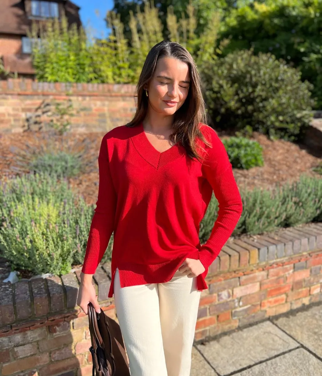 Active Style elastic waistband Red Fine Knit V Neck Tunic Jumper
