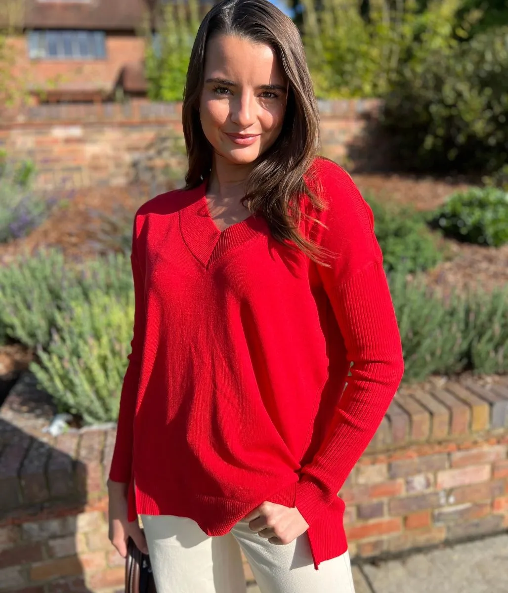 simple design Red Fine Knit V Neck Tunic Jumper