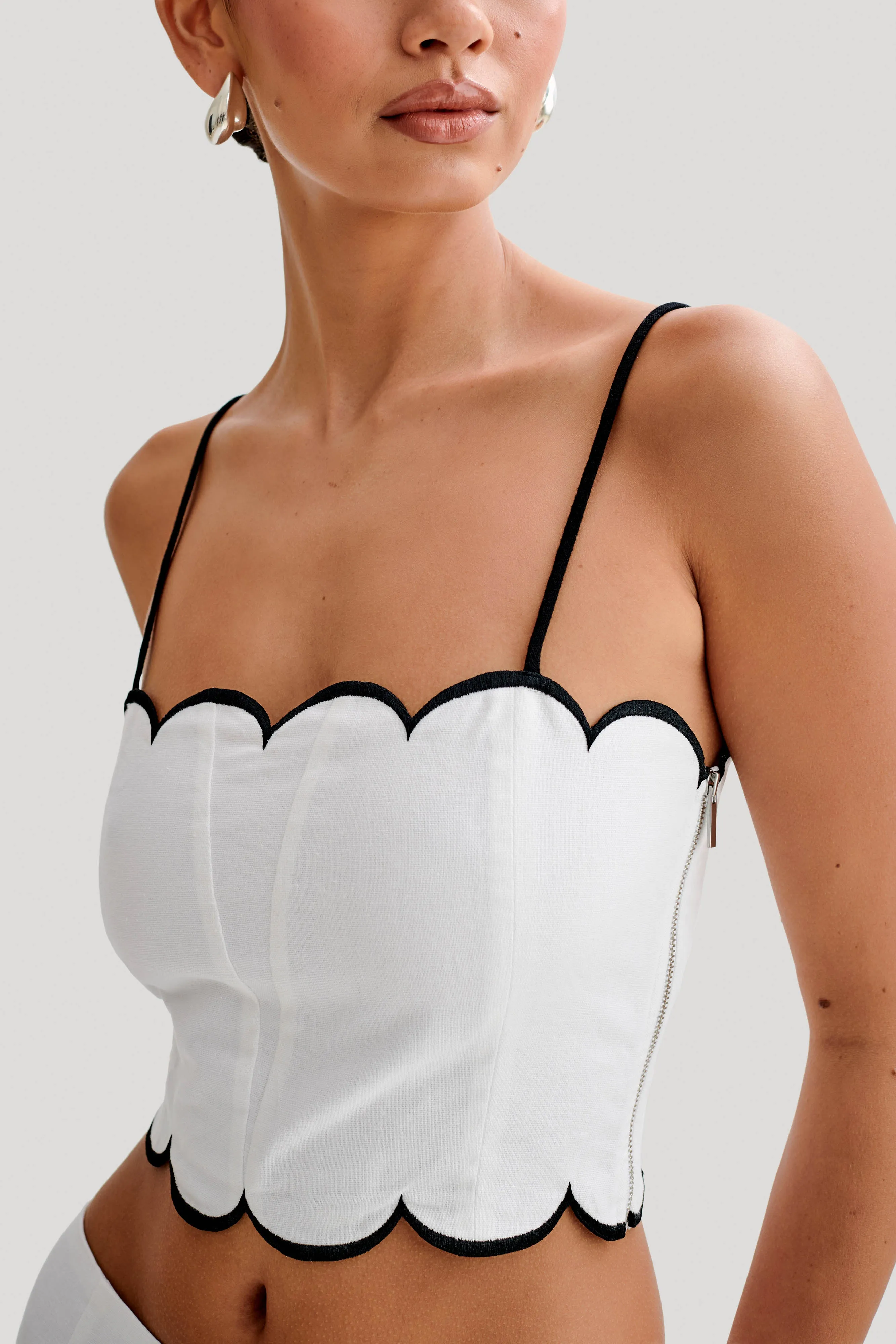 Glow In The Dark Accent Trim Alessio Scalloped Linen Top - Ivory