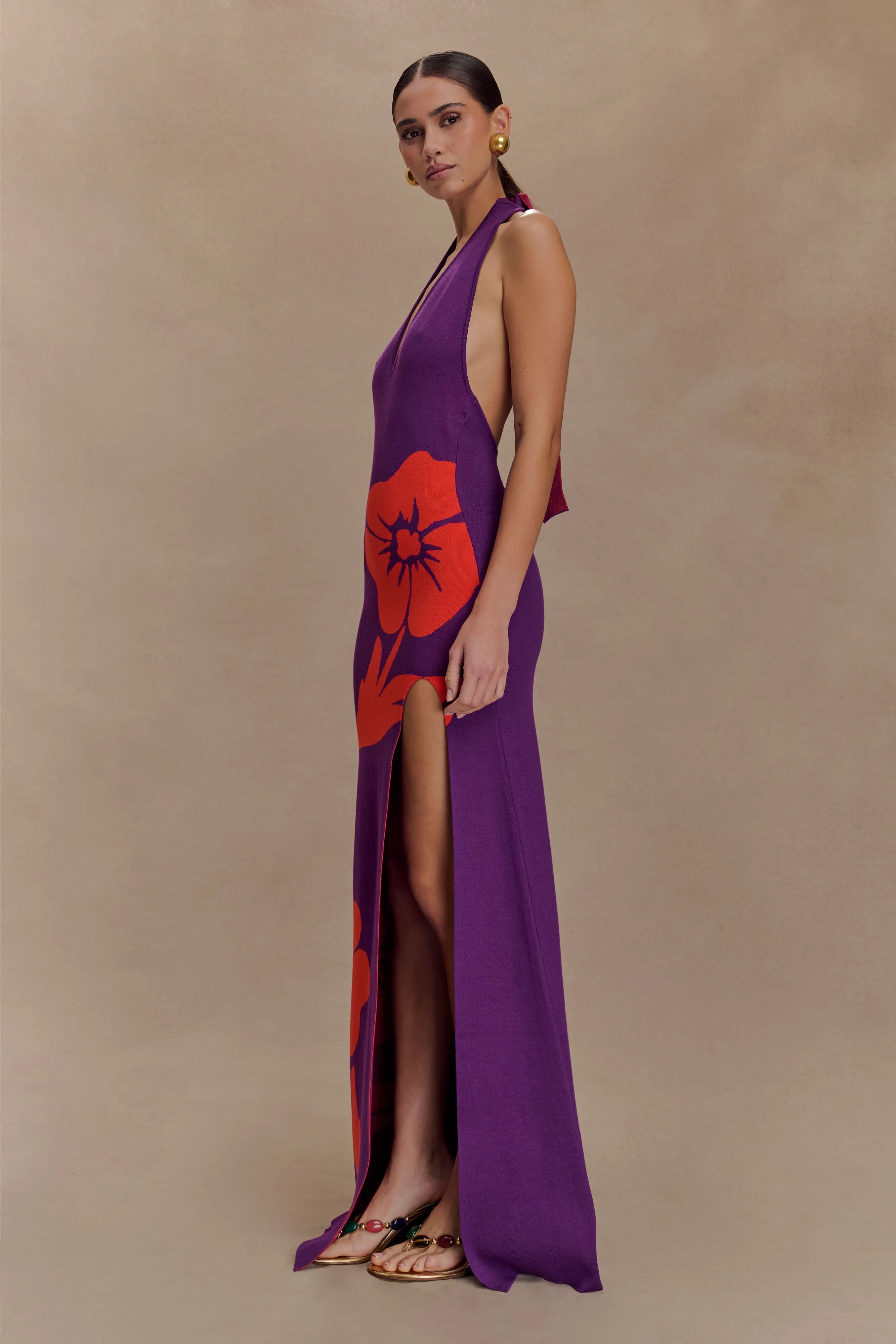 Breathable-Lining Stacy Knit Halter Maxi Dress - Purple/Red