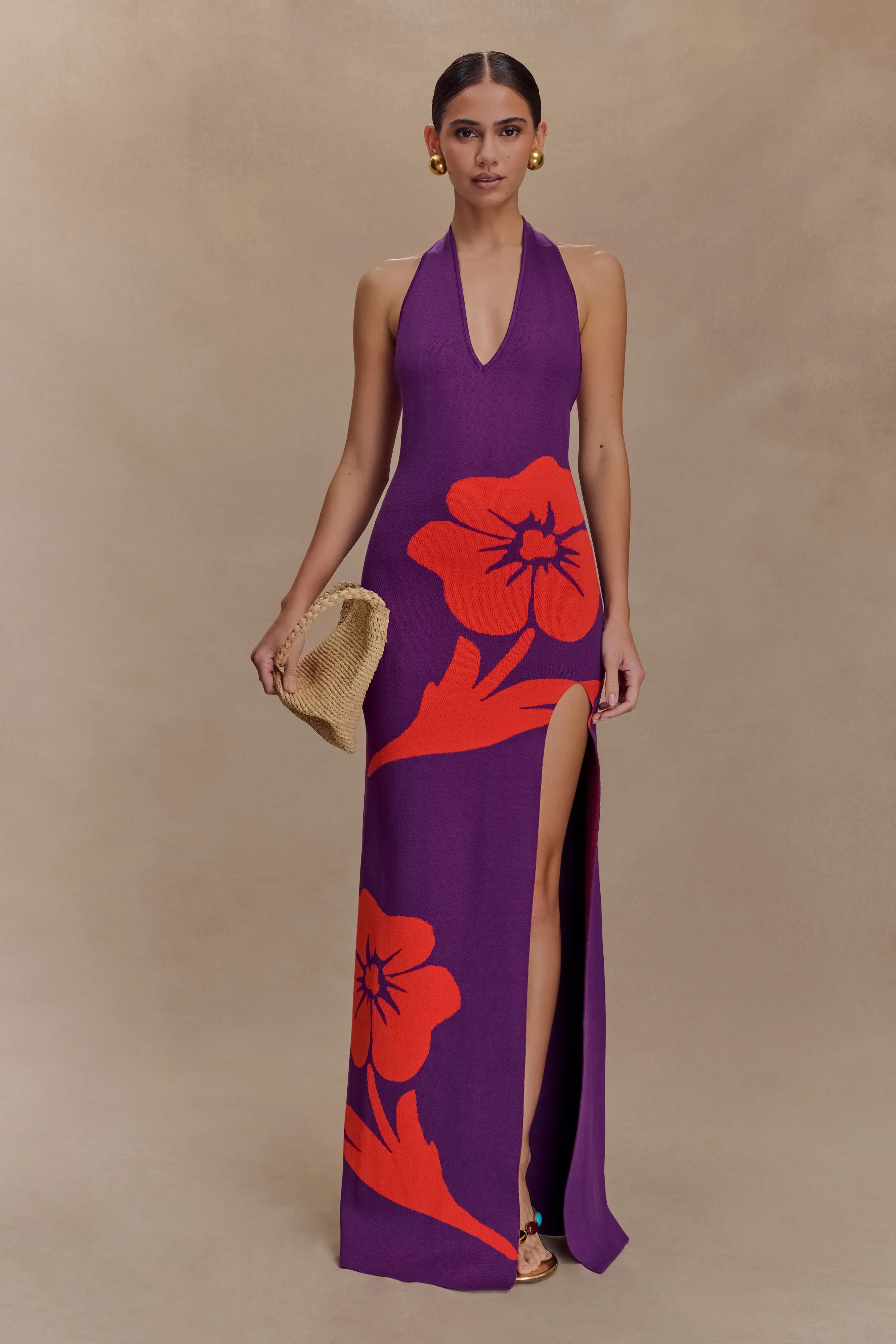 Softly Structured Stacy Knit Halter Maxi Dress - Purple/Red